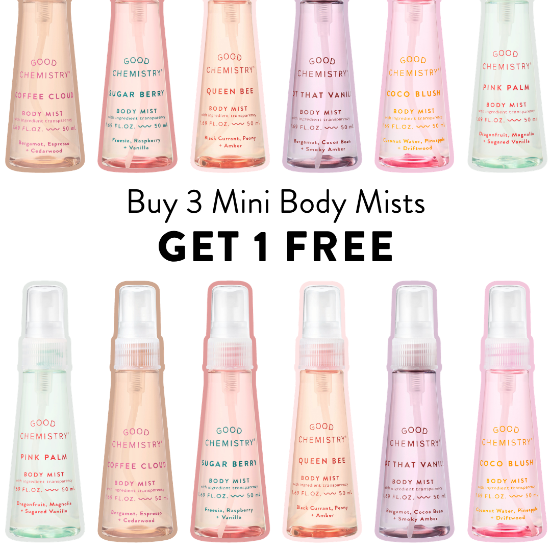 Promotional image of various mini body mist bottles with a buy 3 get 1 free offer.