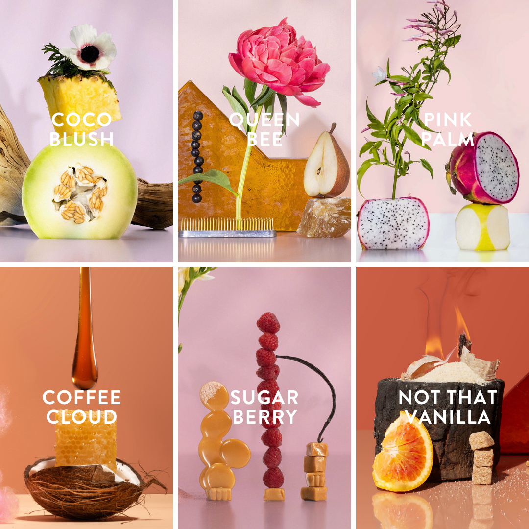 Collage of six fragrance squares for good chemistry scents with names and corresponding colors on a pink background