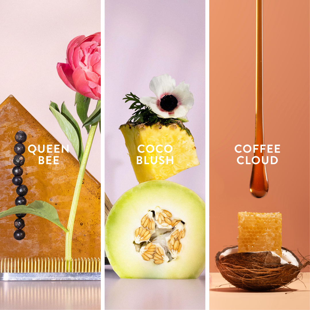 Three different scent ingredients - such as peony, honeydew and pineapple and, espresso and coconut  labeled 'Queen Bee', 'Coco Blush', and 'Coffee Cloud' with corresponding products.
