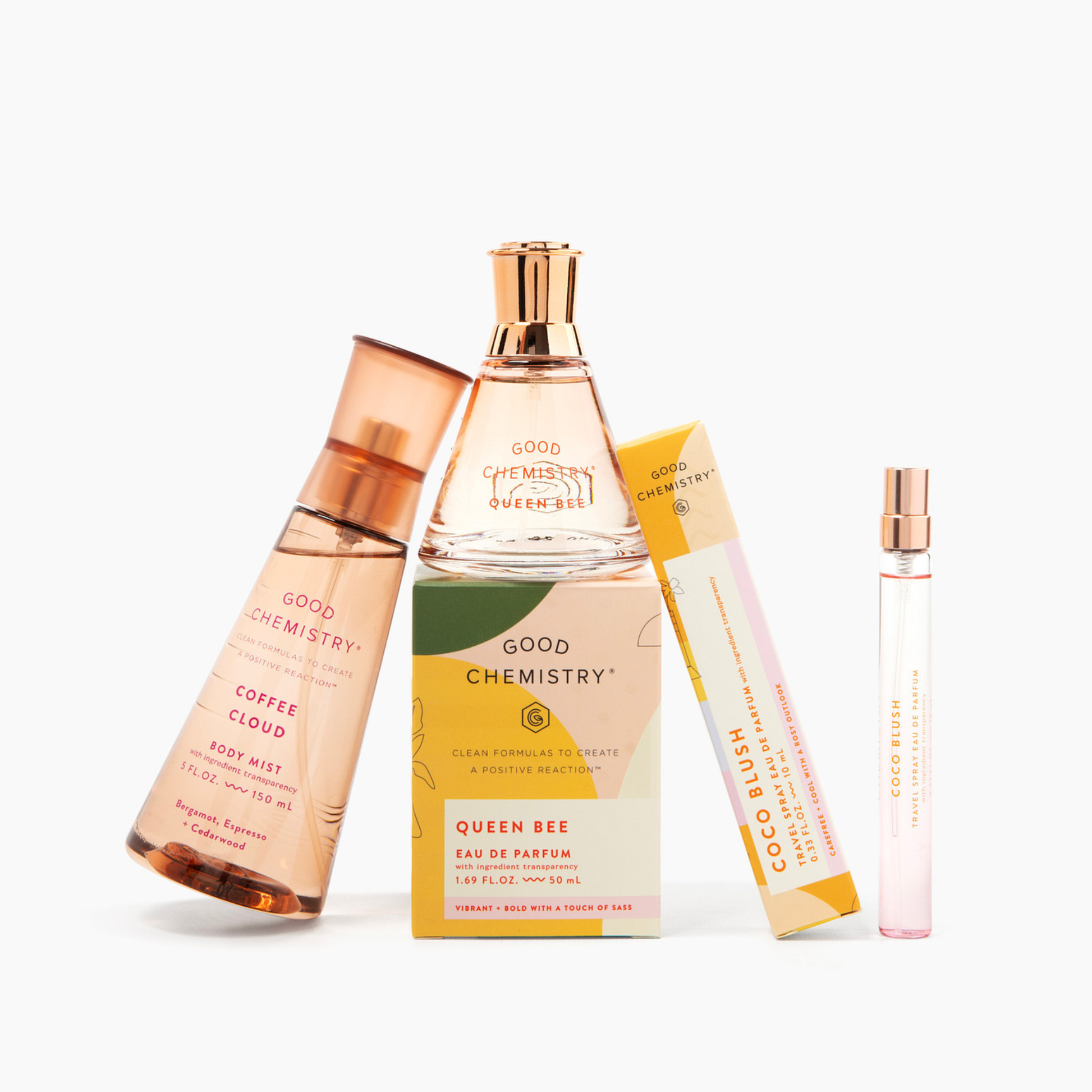 Collection of best selling perfume bottles, 'Coffee Cloud', 'Queen Bee' and 'Coco Blush,' on a white background.