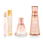 Images of our best selling scents, Coco Blush,  Queen Bee and Coffee Cloud,  featuring different sizes in pink bottles on a white background