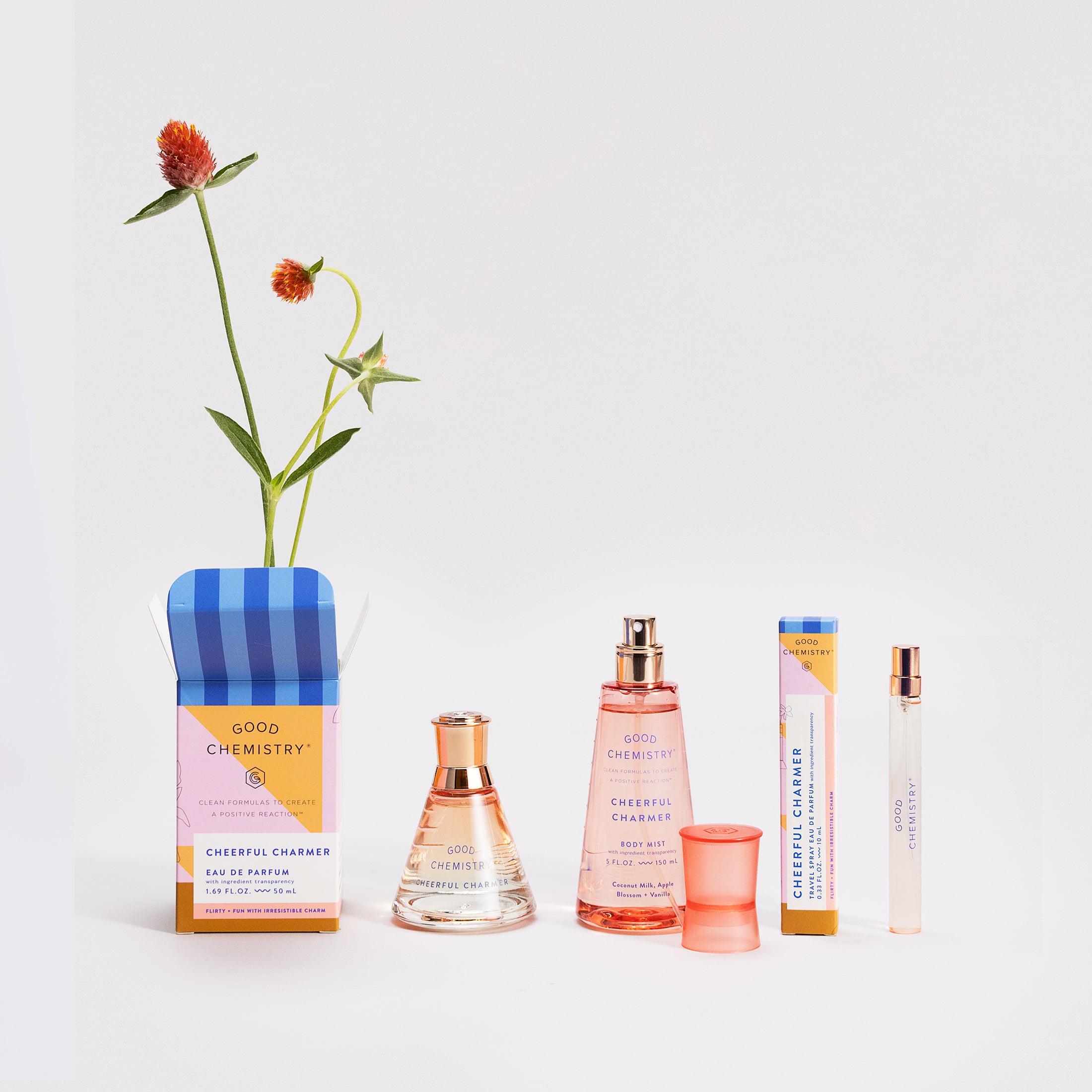 A collection of Cheerful Charmer fragrance products displayed against a white background, including a Perfume Bottle bottle, a body mist  and a trabel spray.