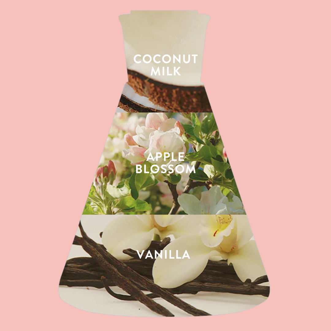 Cheerful Charmer ingredient beaker image labeled 'Coconut Milk, Apple Blossom, and Vanilla" on a pink background