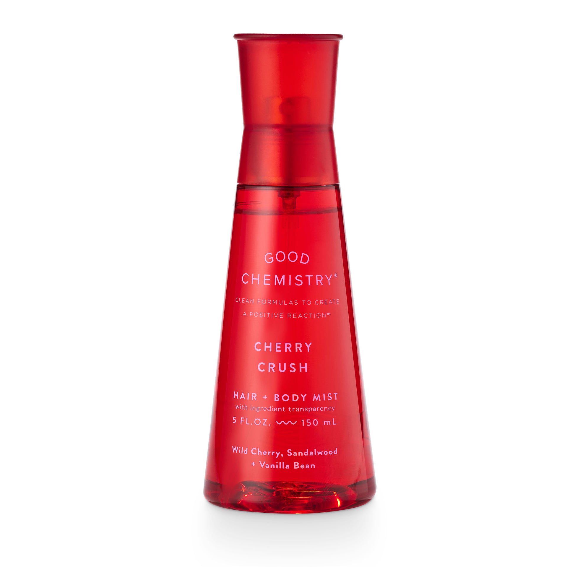 Red bottle of Good Chemistry Cherry Crush hair and body mist on a white background