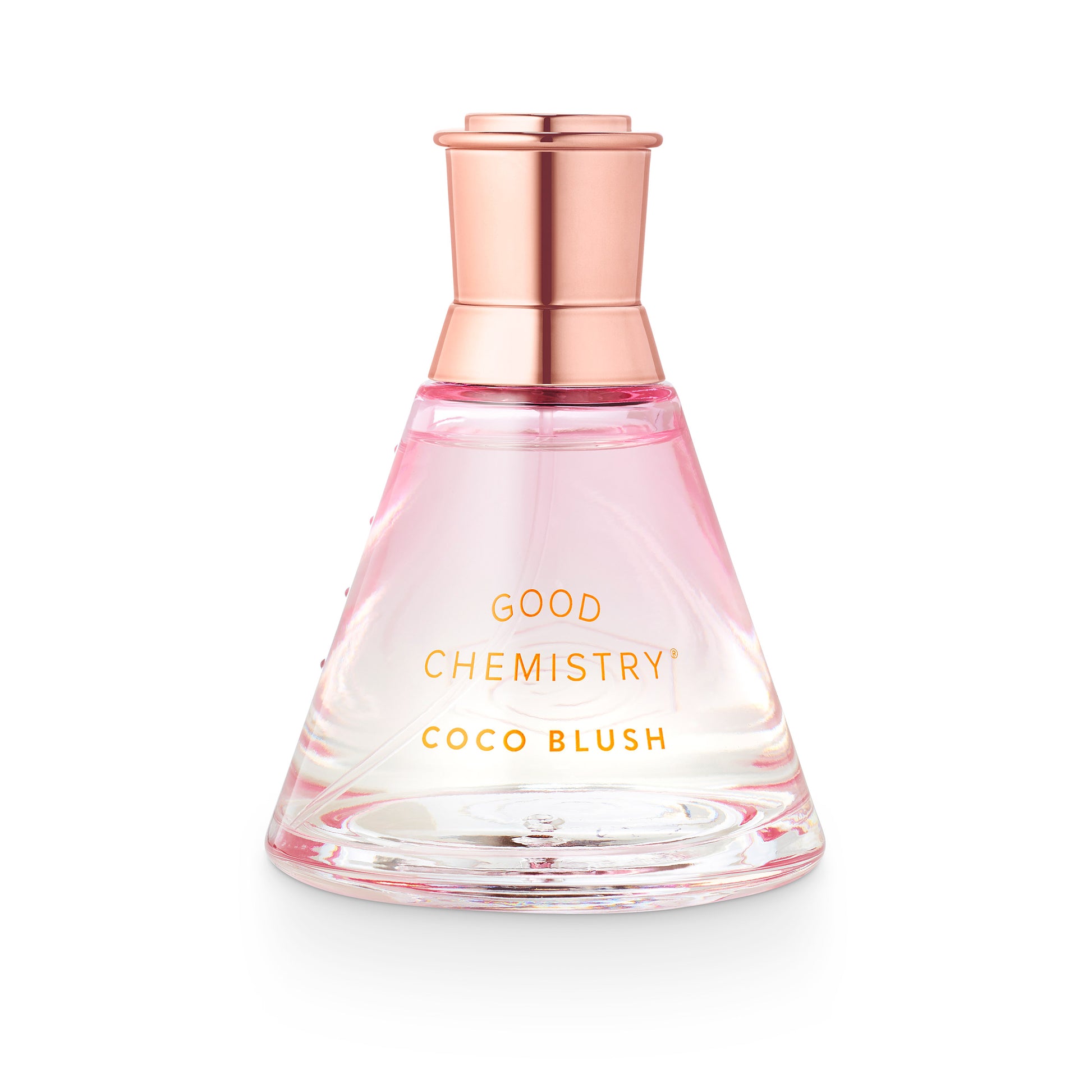 Perfume bottle labeled 'Good Chemistry Coco Blush' with a rose gold cap on a white background