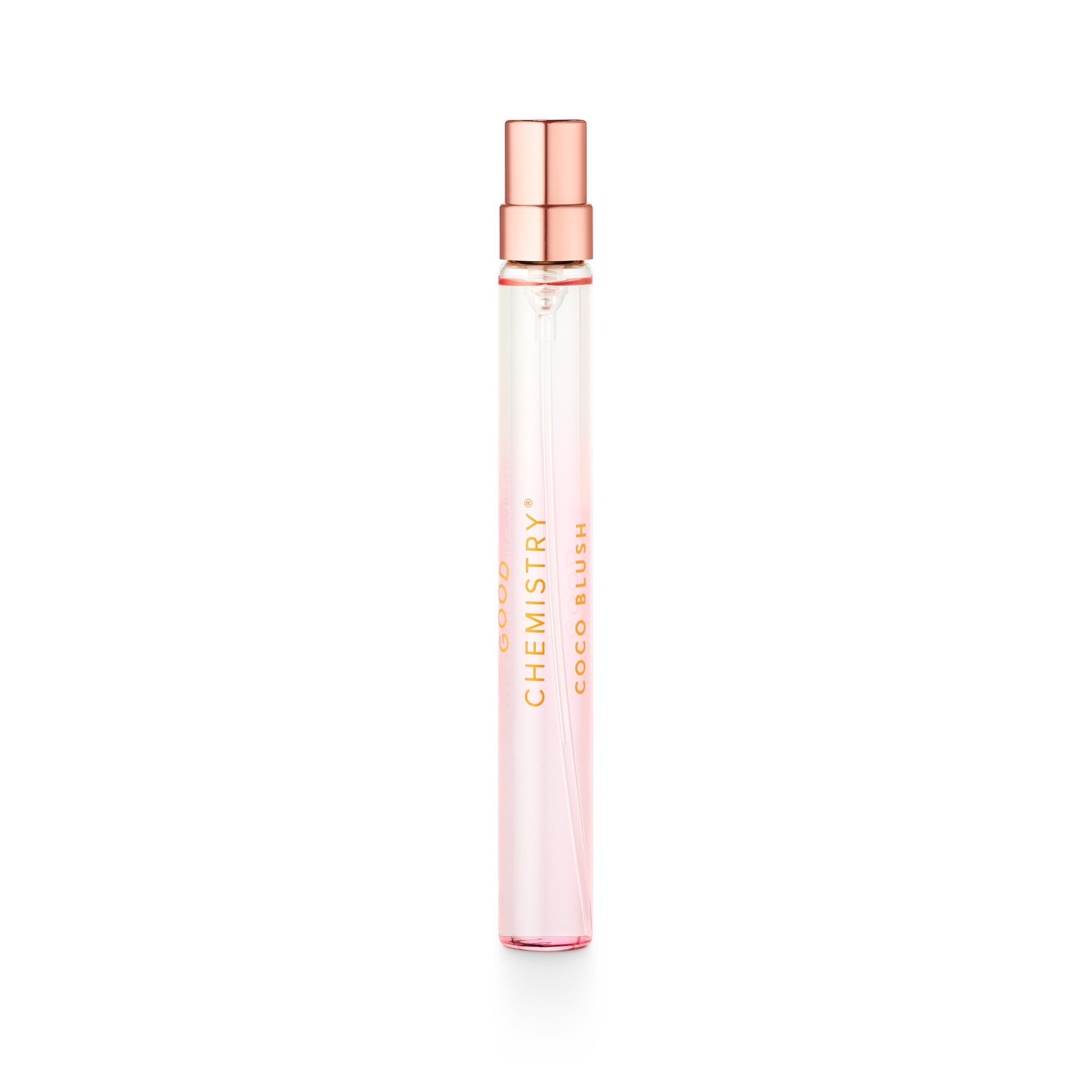 Coco Blush travel size perfume bottle with rose gold cap on a white background