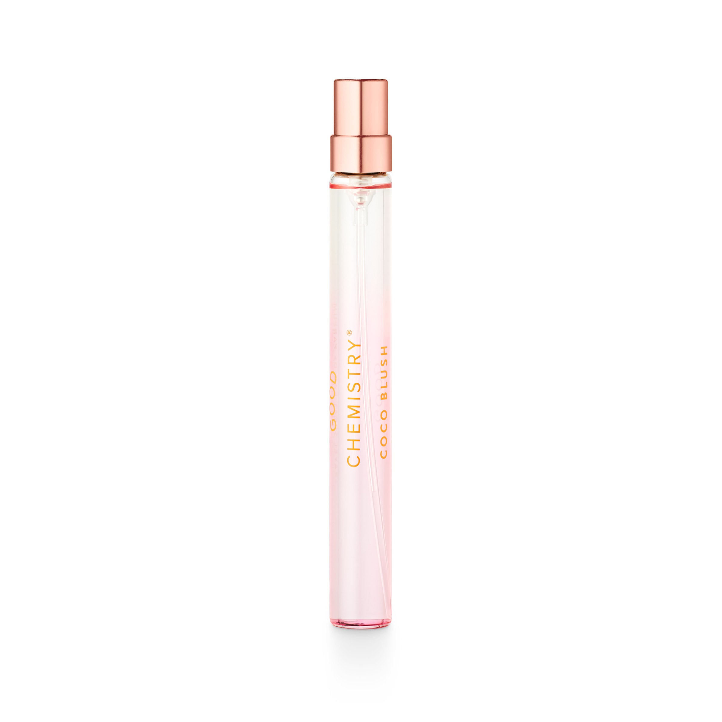 Coco Blush travel size perfume bottle with rose gold cap on a white background