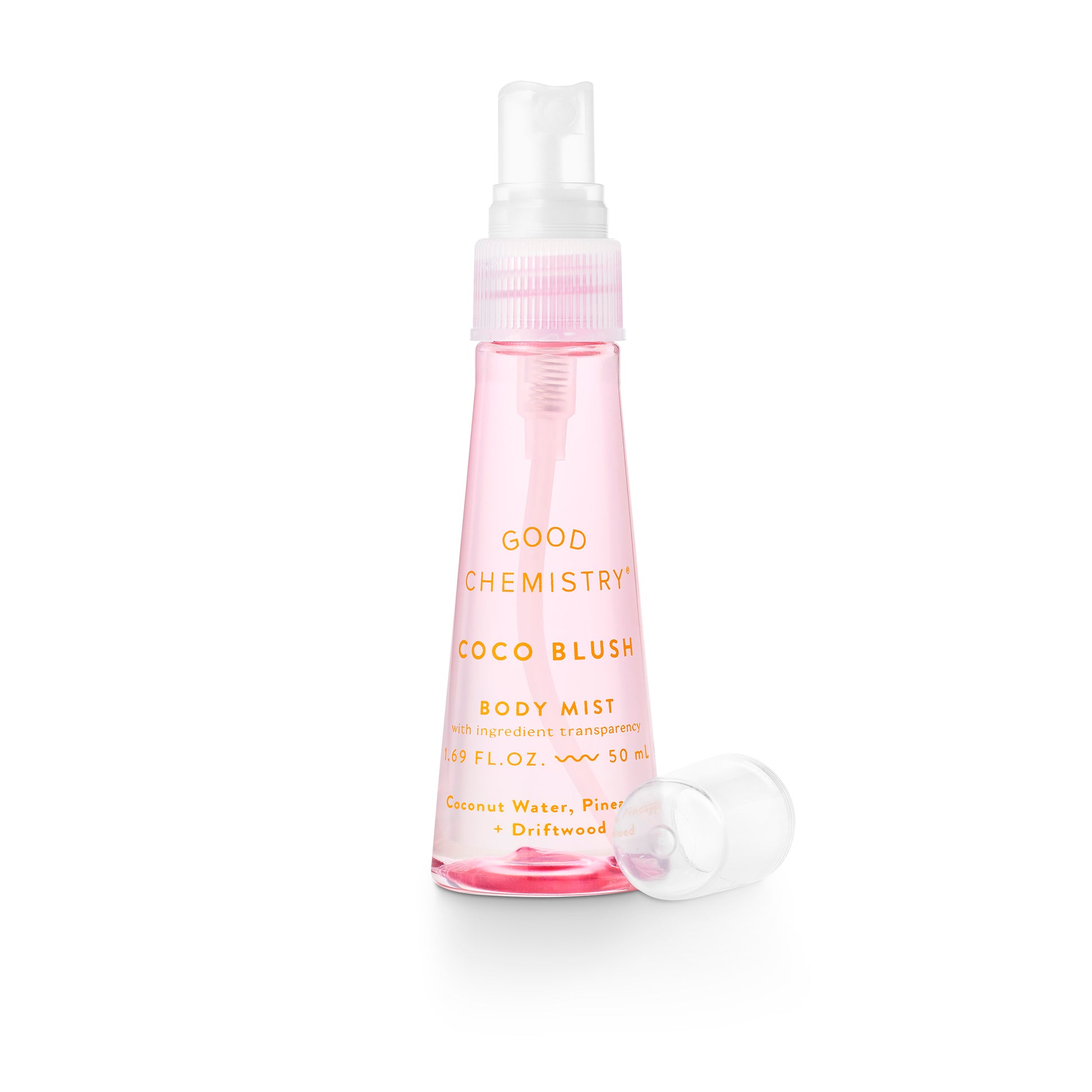 Pink body mist bottle labeled 'Good Chemistry Coco Blush' on a white background