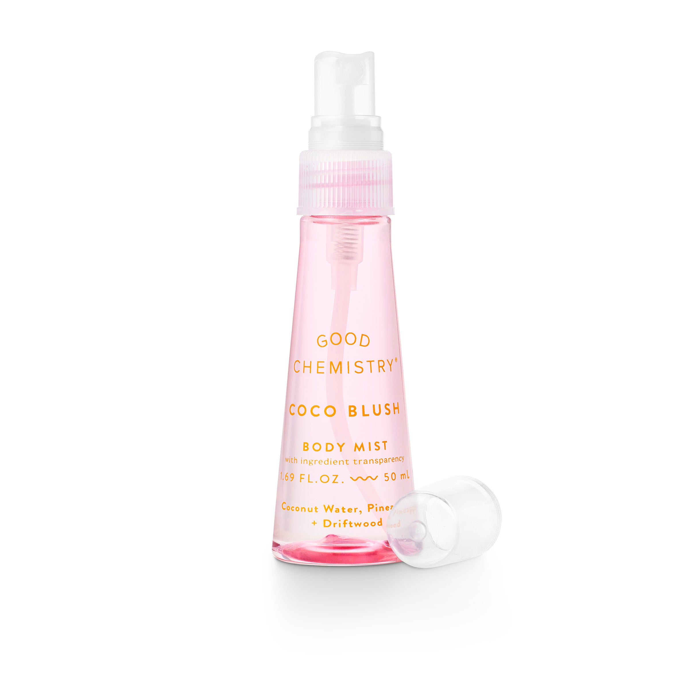 Pink body mist bottle labeled 'Good Chemistry Coco Blush' on a white background