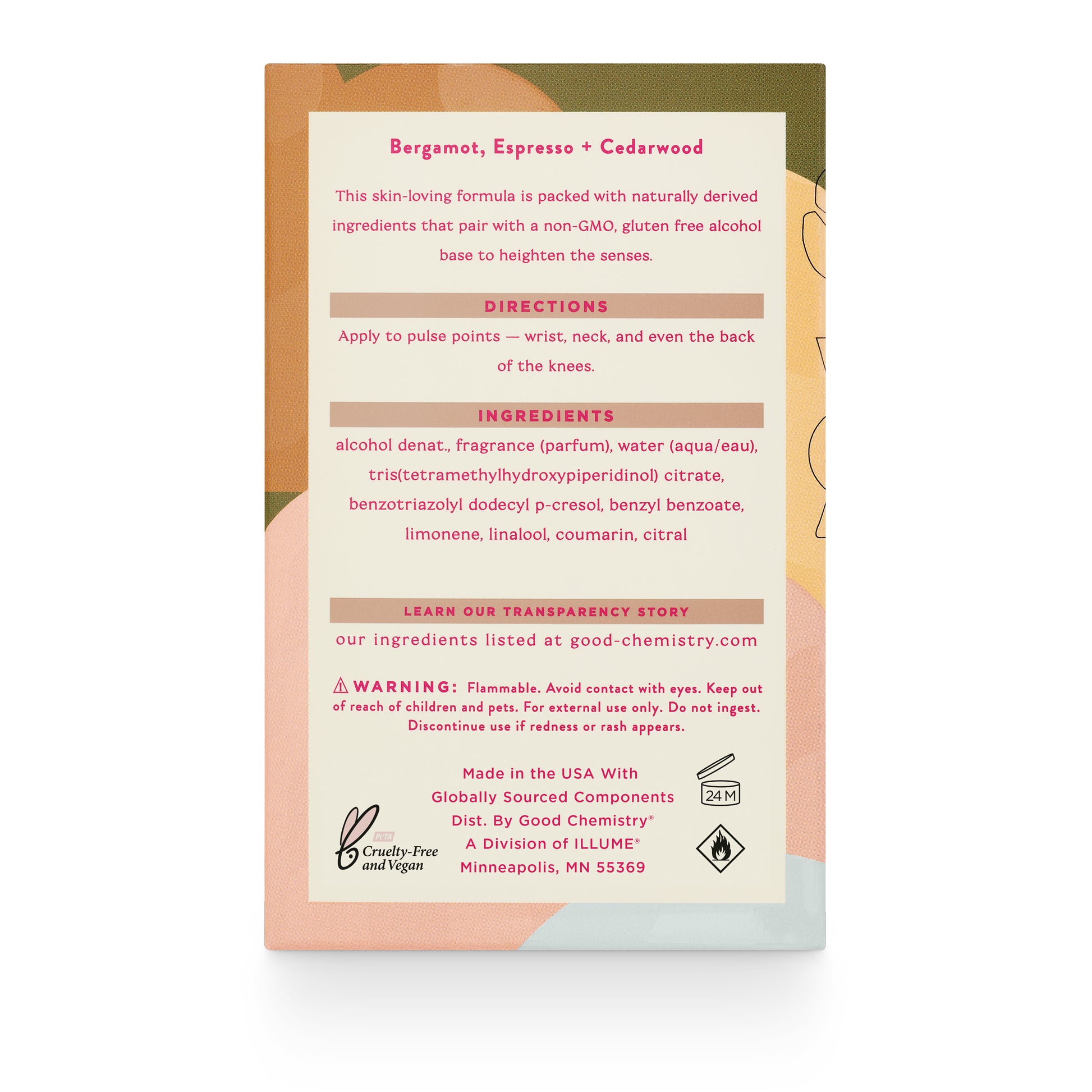 Product label with Bergamot, Espresso + Cedarwood description on a white background