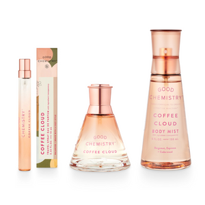 A set of three Coffee Cloud fragrance products from Good Chemistry, including a travel spray, eau de parfum, and body mist.