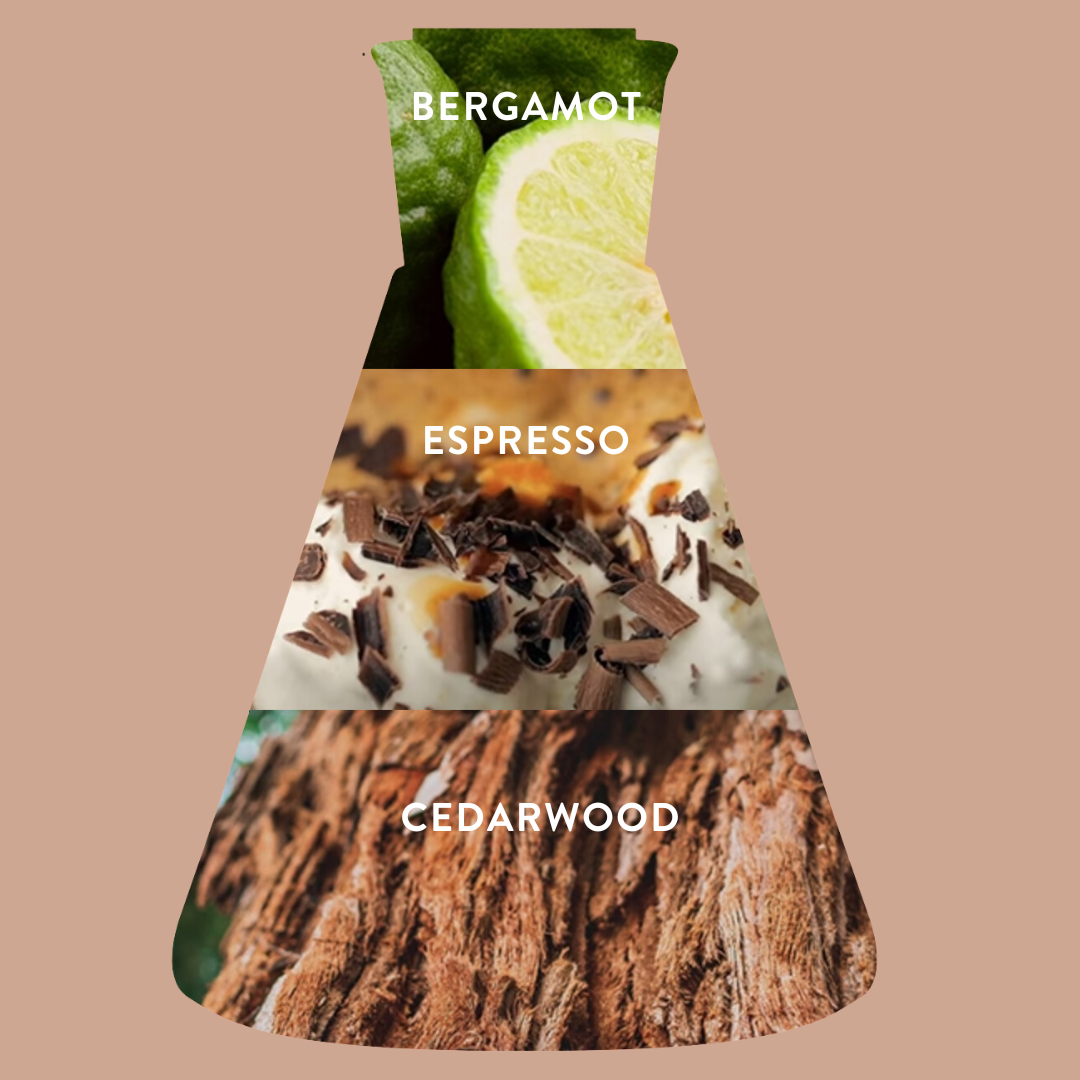 Beaker featuring three images that representing Coffee Cloud fragrance notes: bergamot, espresso, and cedarwood.