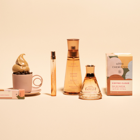 A collection of Coffee Cloud fragrance products displayed against a neutral background, including a cup of coffee, a bottle of Eau de Parfum, a travel spray bottle, a body mist bottle, and the product packaging box.