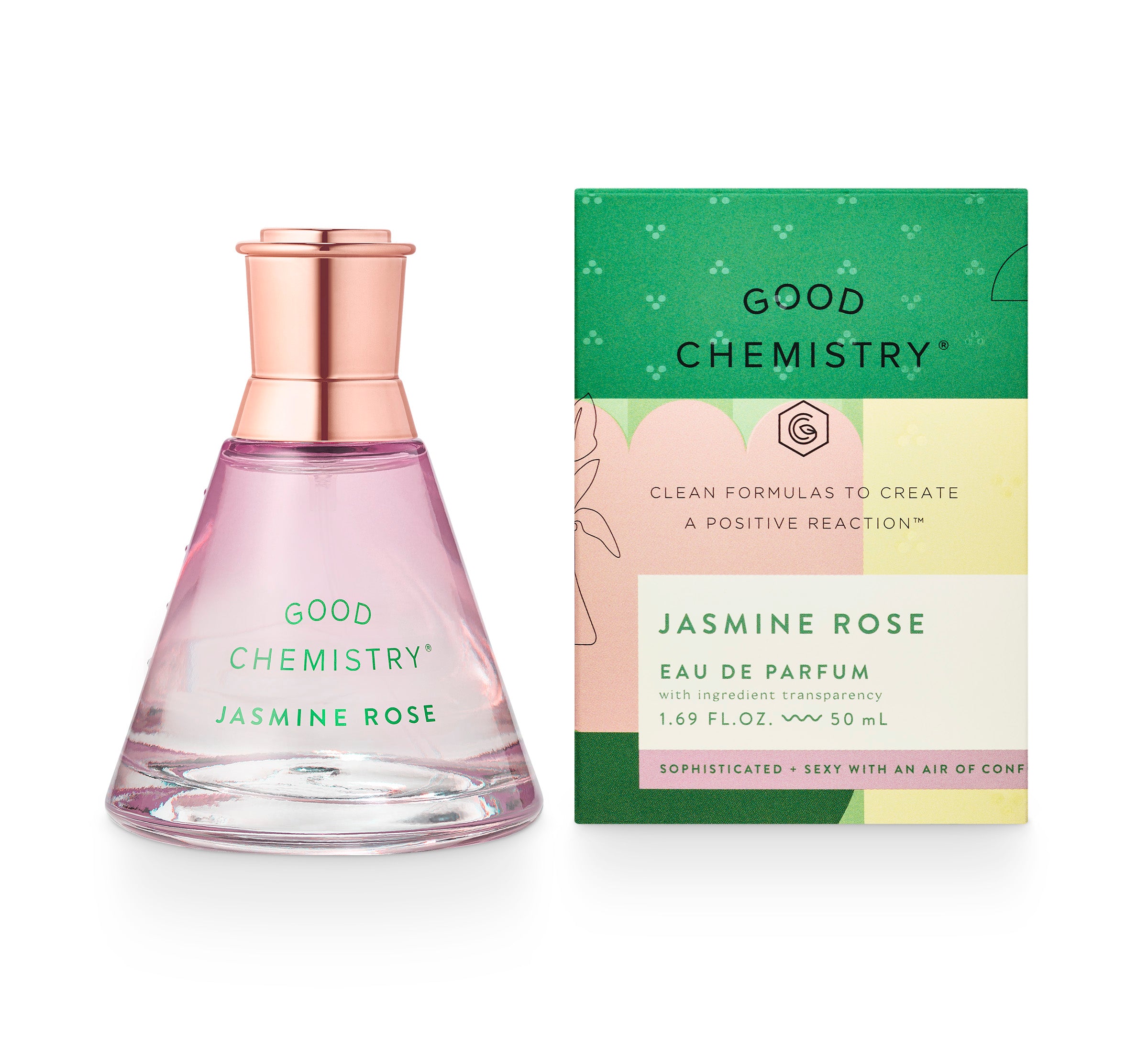 Good Chemistry Jasmine Rose eau de parfum bottle and packaging on a white background