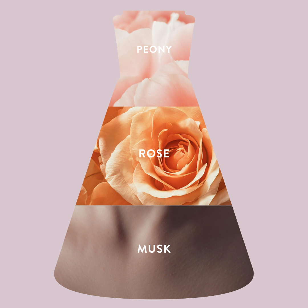 Jasmine Rose ingredient beaker with peony, rose, and musk labels on a light pink background