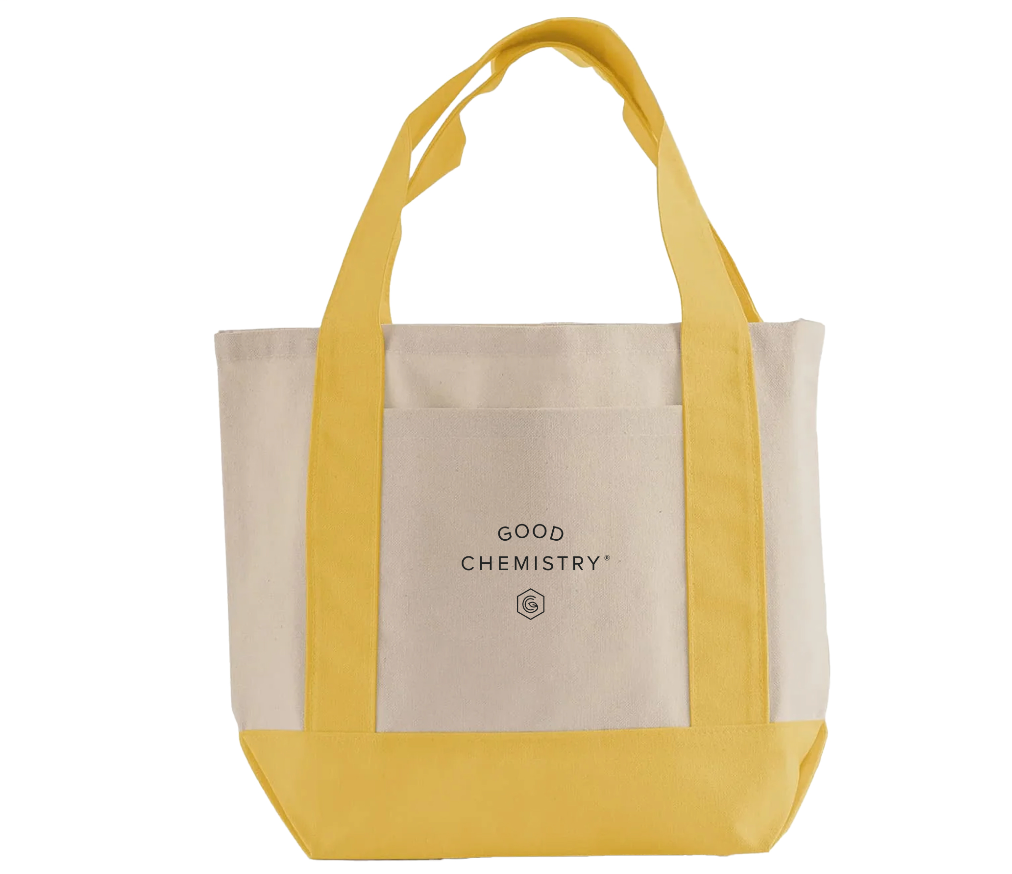 Yellow and beige tote bag with 'Good Chemistry' logo on a white background