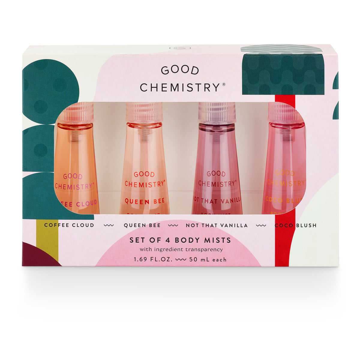 Mini body mist gift set in a 'Good Chemistry' packaging on a white background. Gift set includes Coffee Cloud, Queen Bee, Not That Vanilla and Coco Blush 1.69 oz bottles