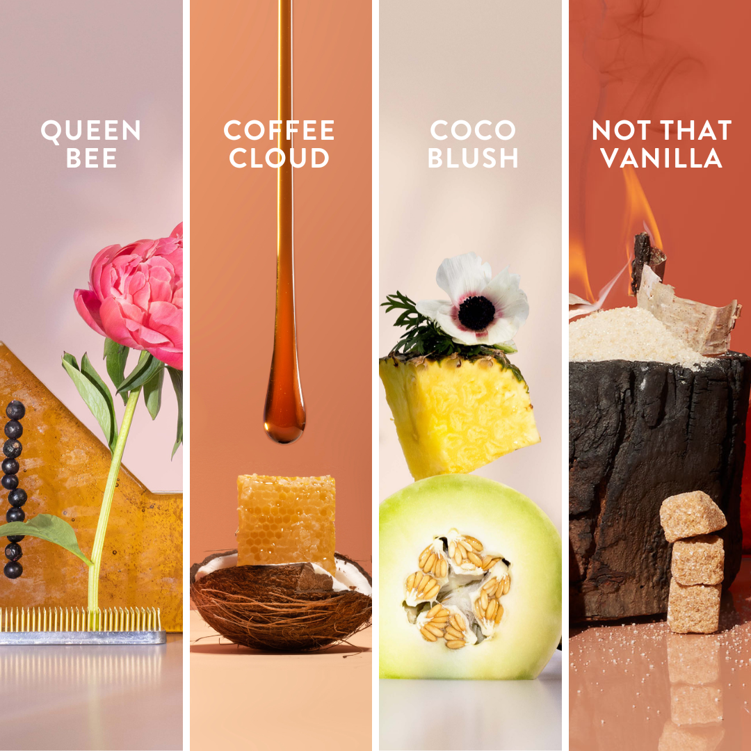 Good Chemistry Mini Body Mist Gift Set ingredient square featuring Queen Bee, Coffee Cloud, Coco Blush, and Not That Vanilla, with corresponding product images on a gradient background.