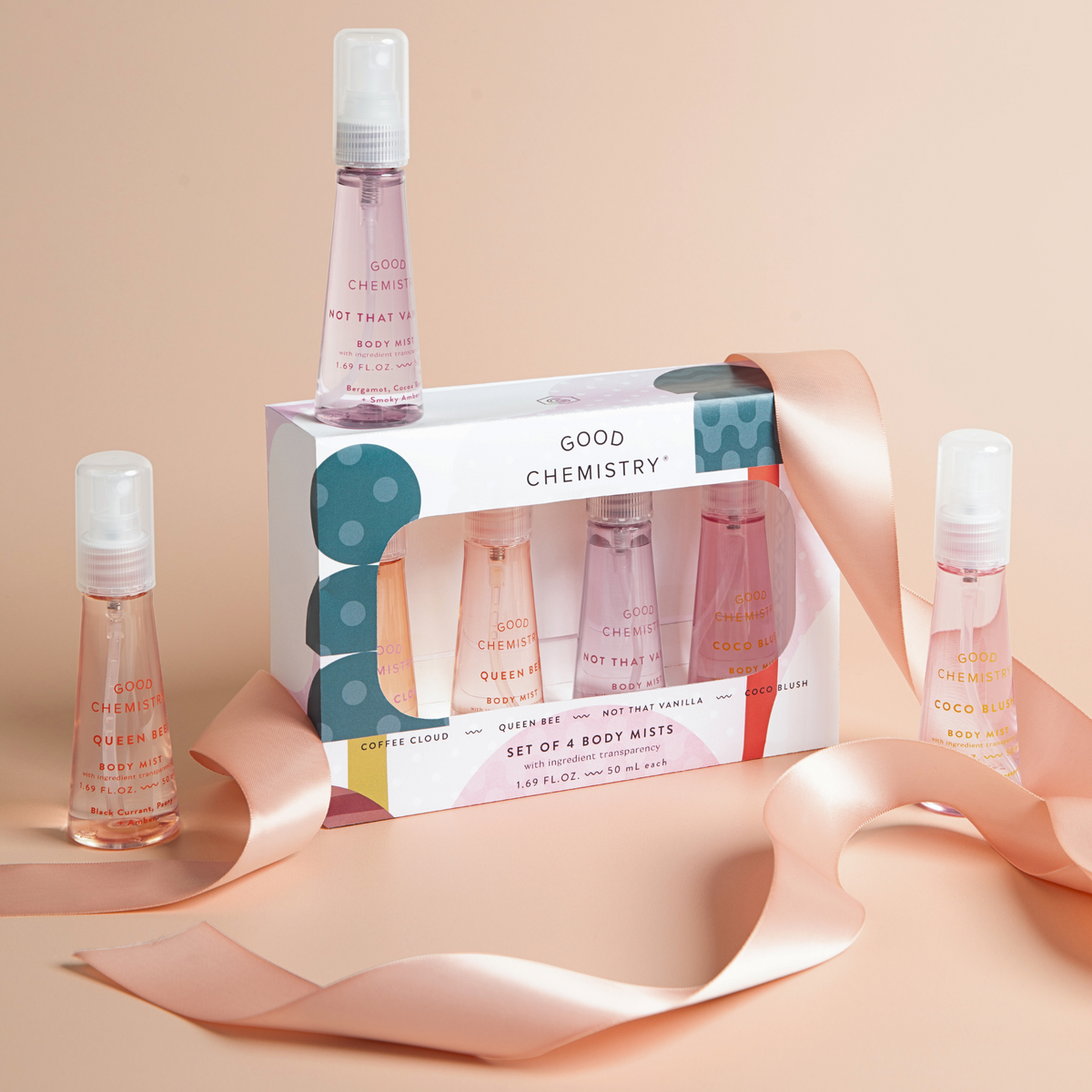 Mini Body MIst Gift Set with a packaging box labeled 'Good Chemistry' on a beige background.