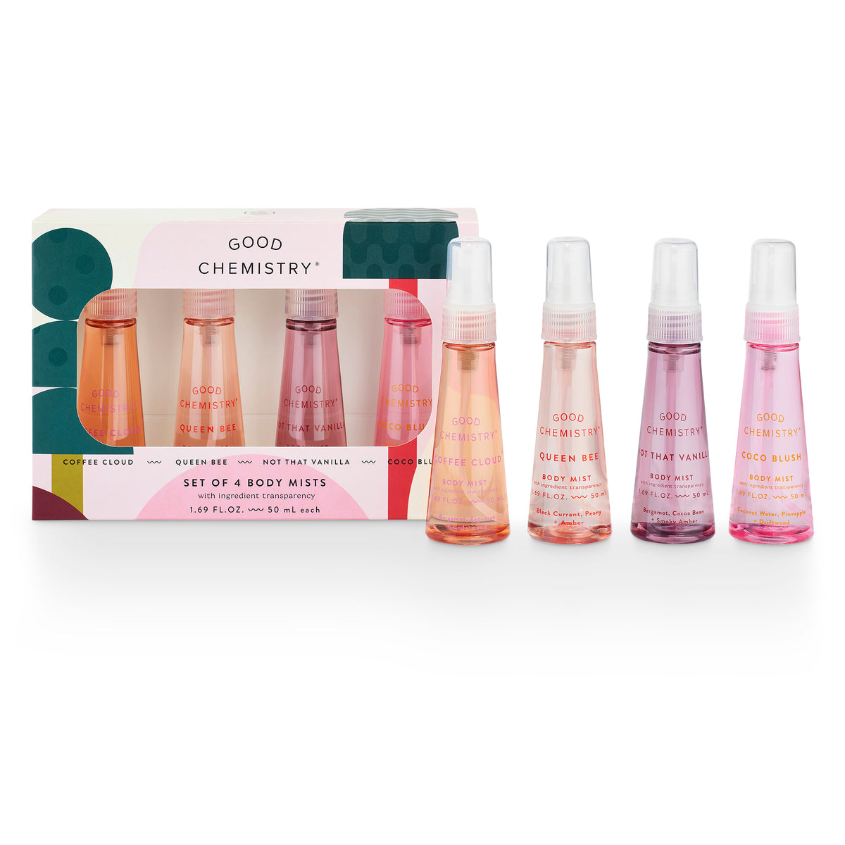 Mini body mist gift set shown with bottles in and out of gift packaging labeled 'Good Chemistry' on a white background.