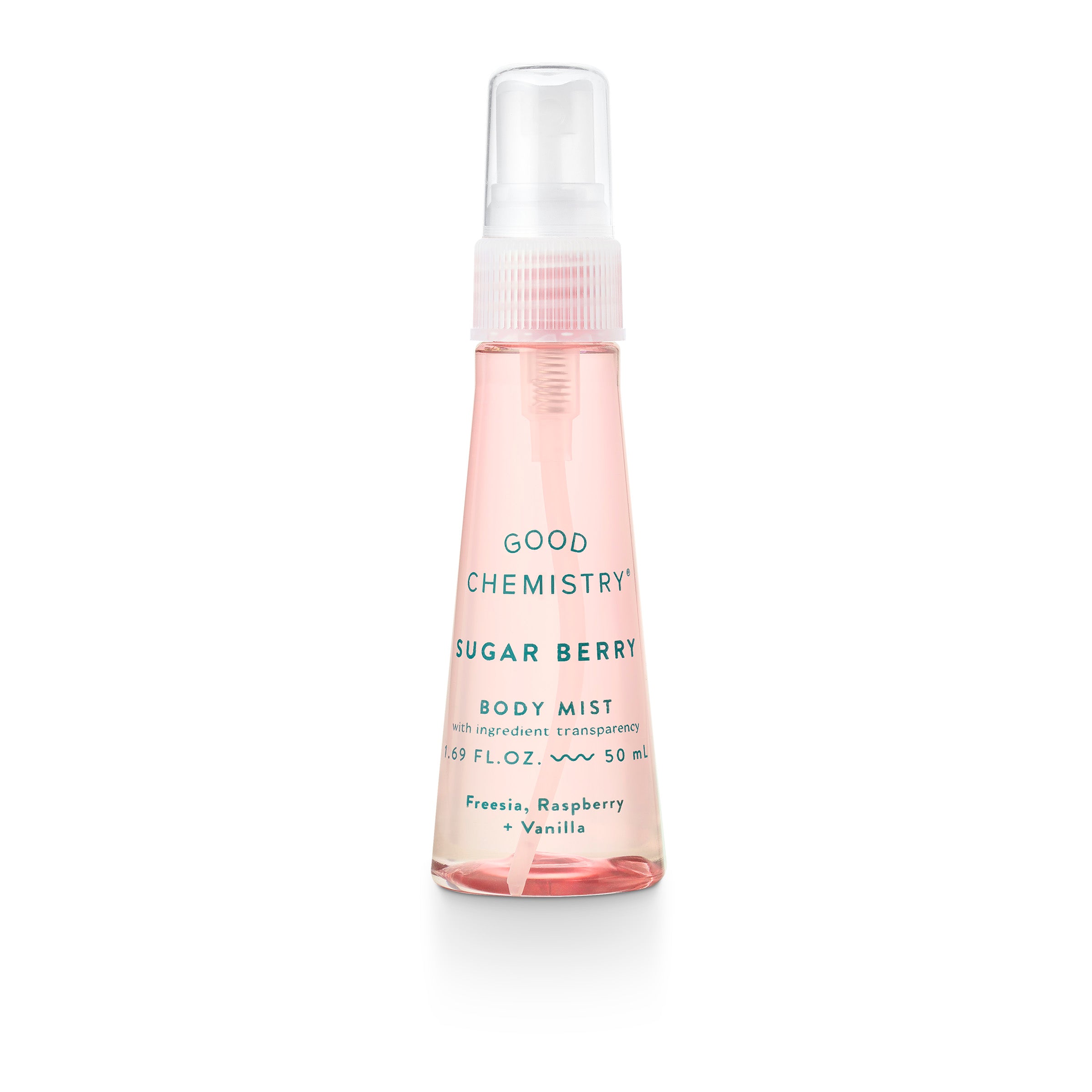 Body mist bottle labeled 'Good Chemistry Sugar Berry' on a white background
