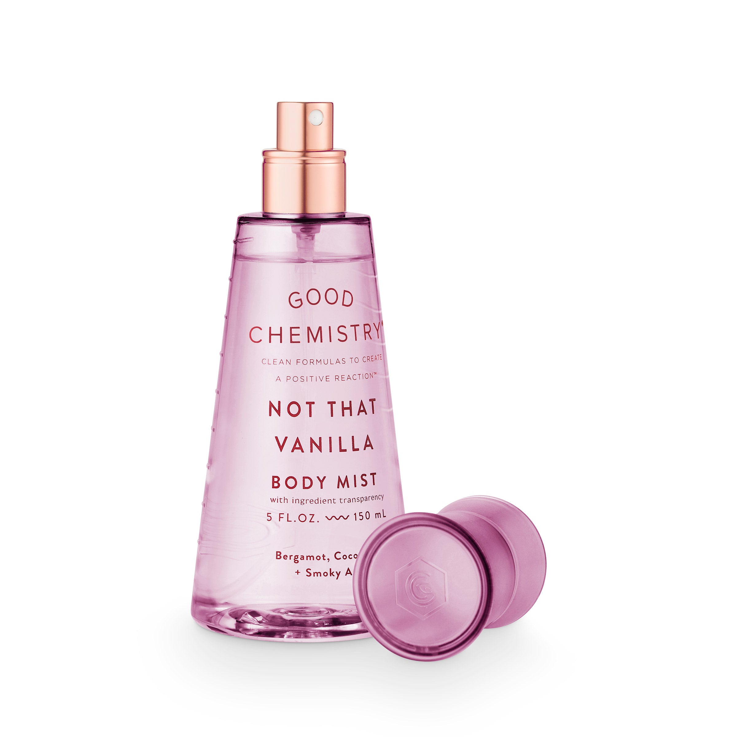 Not That Vanilla Body Mist purple  spray bottle with cap off against a white background facing right.