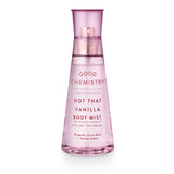 A pink spray bottle labeled 'GOOD CHEMISTRY NOT THAT VANILLA BODY MIST' with ingredient notes of bergamot, cocoa bean, and amber.