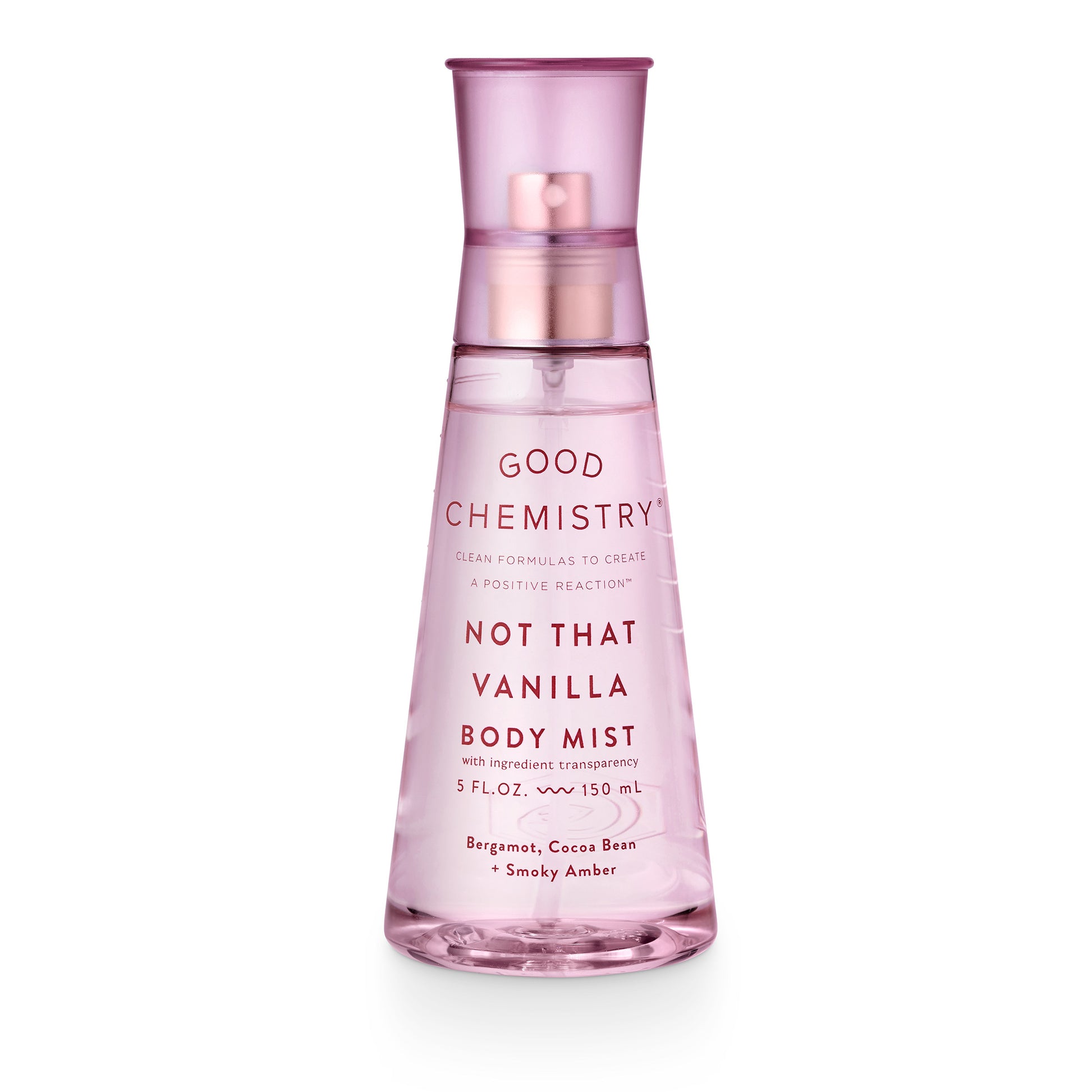 A pink spray bottle labeled 'GOOD CHEMISTRY NOT THAT VANILLA BODY MIST' with ingredient notes of bergamot, cocoa bean, and amber.
