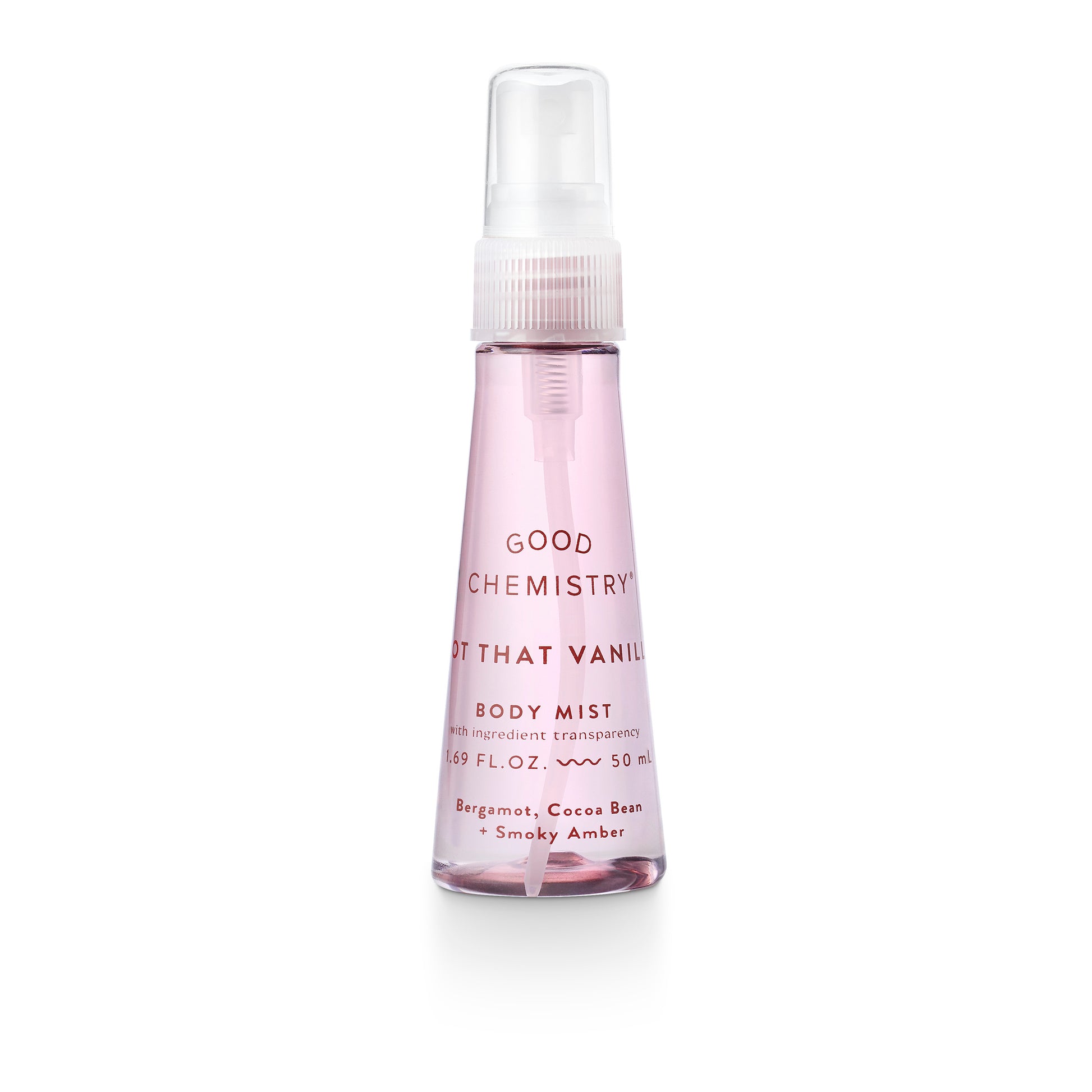 Body mist bottle labeled 'Good Chemistry' Not that Vanilla on a white background