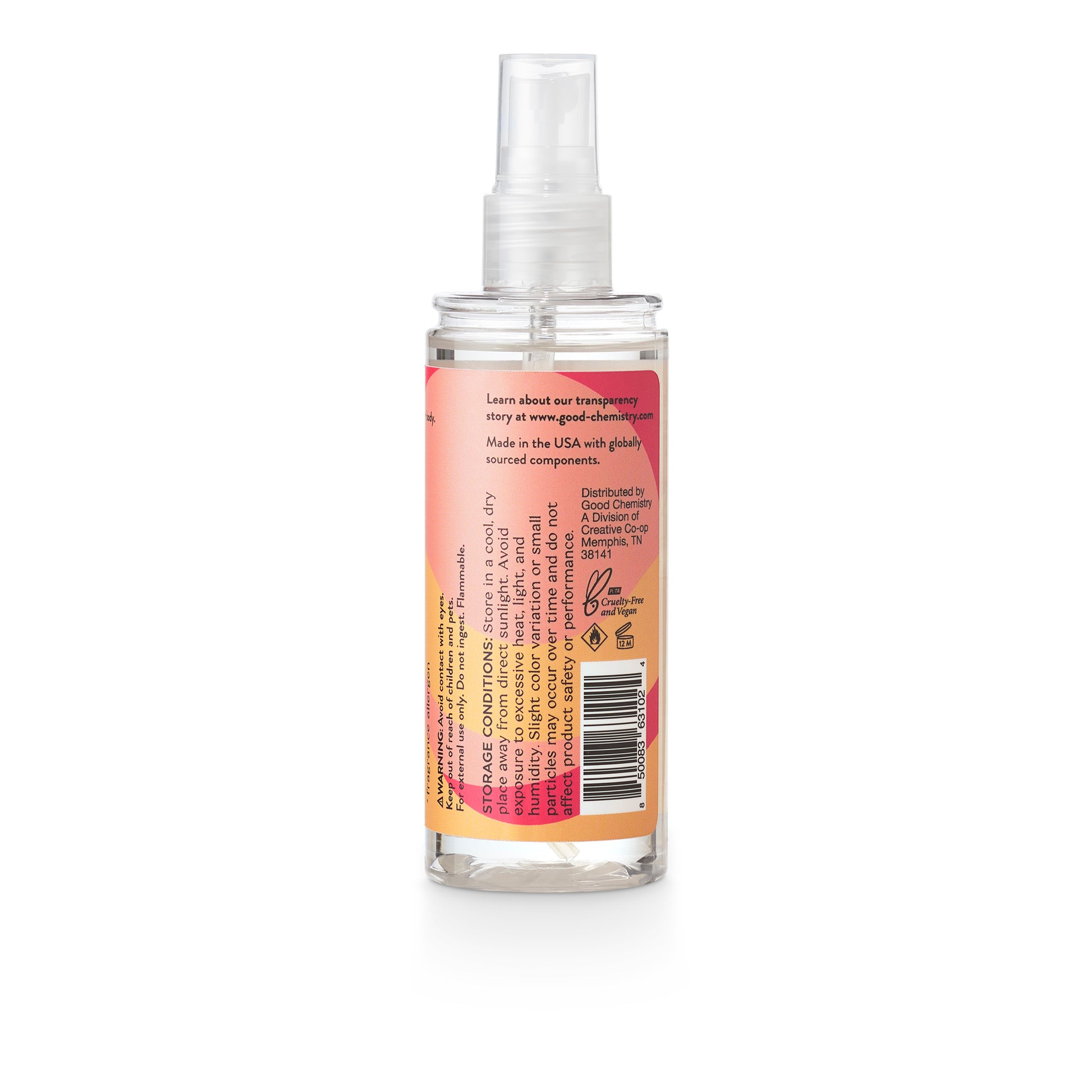 Storage conditions for Good Chemistry Paradise Spritz hair and body spray bottle on a white background
