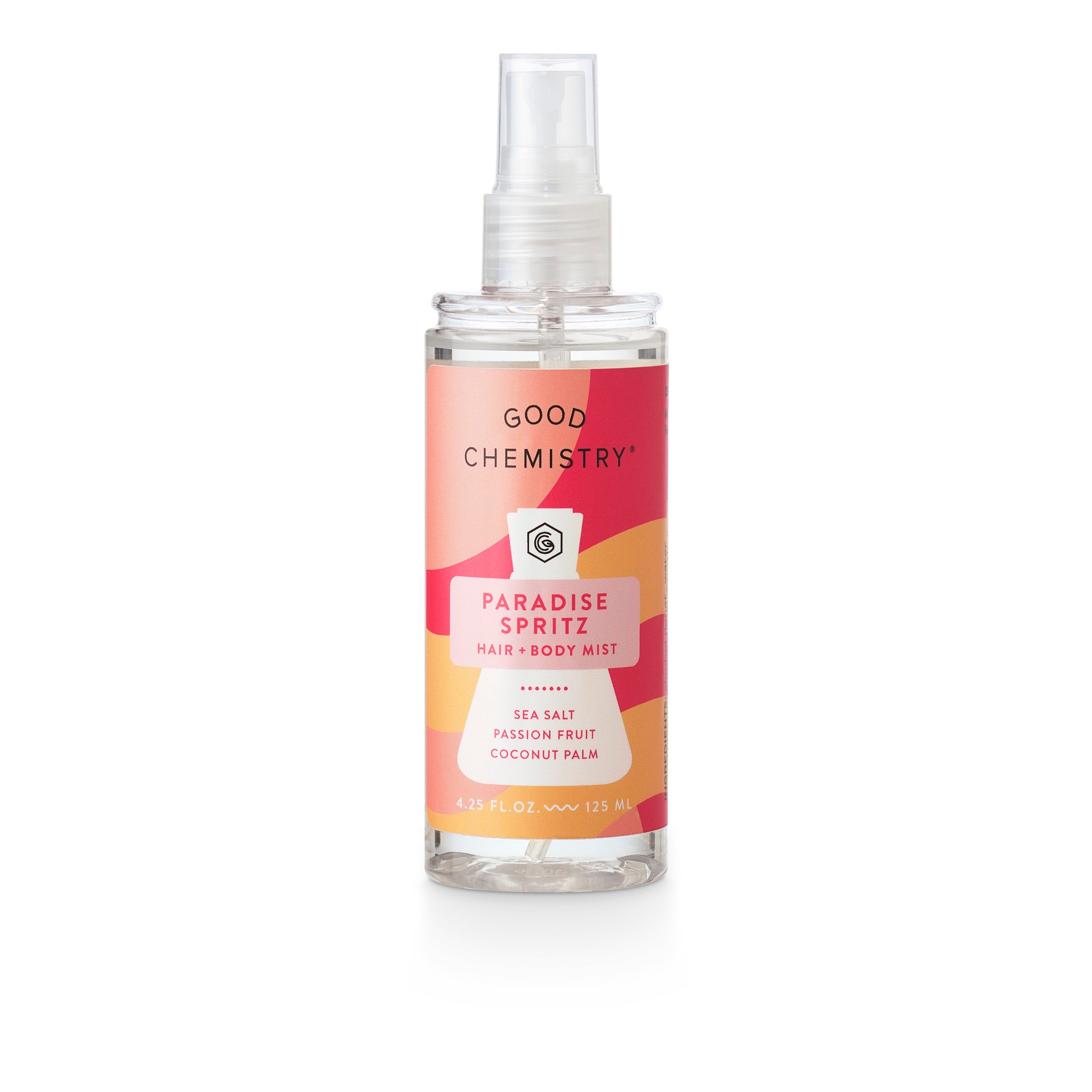 Bottle of Good Chemistry Paradise Spritz hair and body mist on a white background