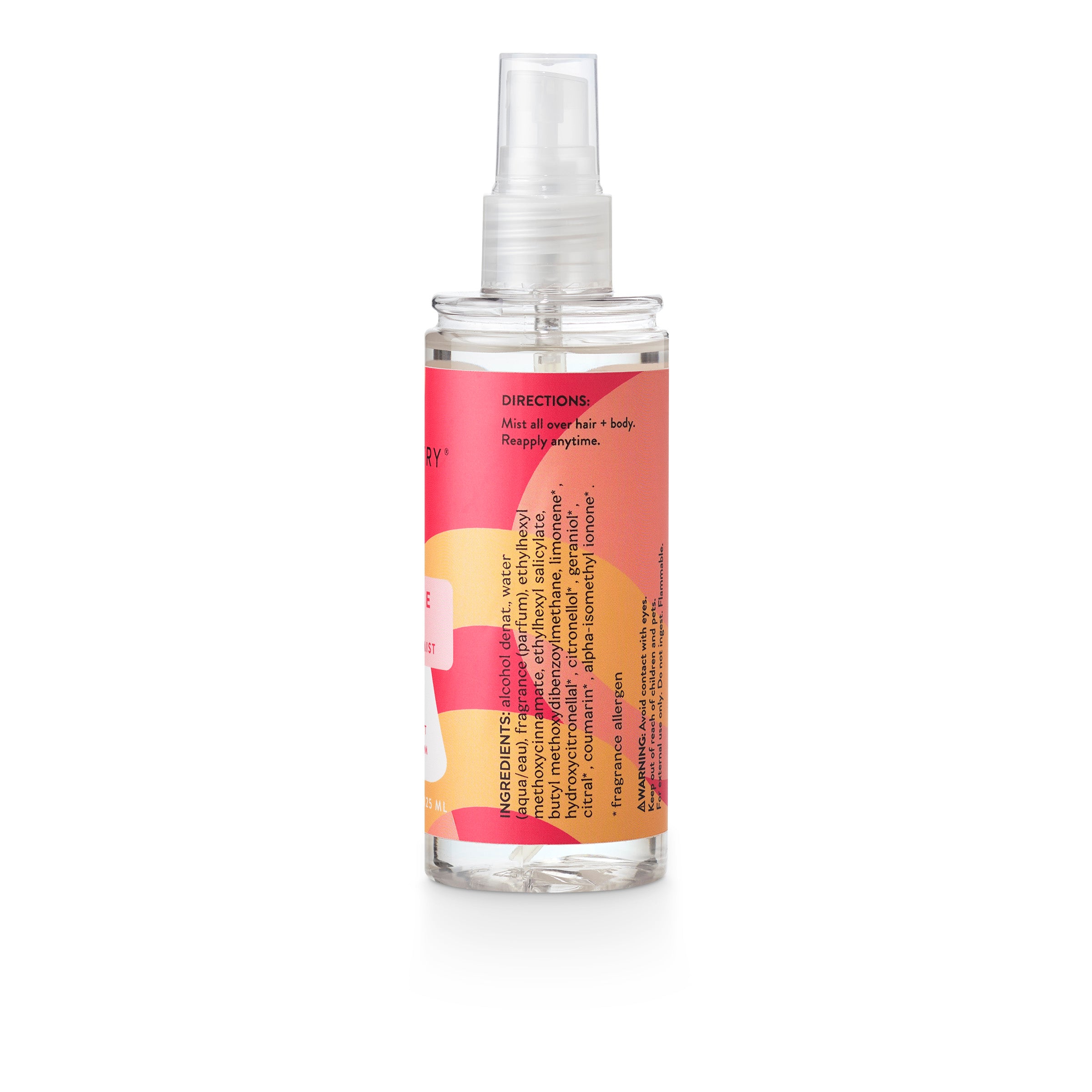 Directions and ingredient listing on Good chemistry Paradise Spritz hair and body spray bottle with a white background