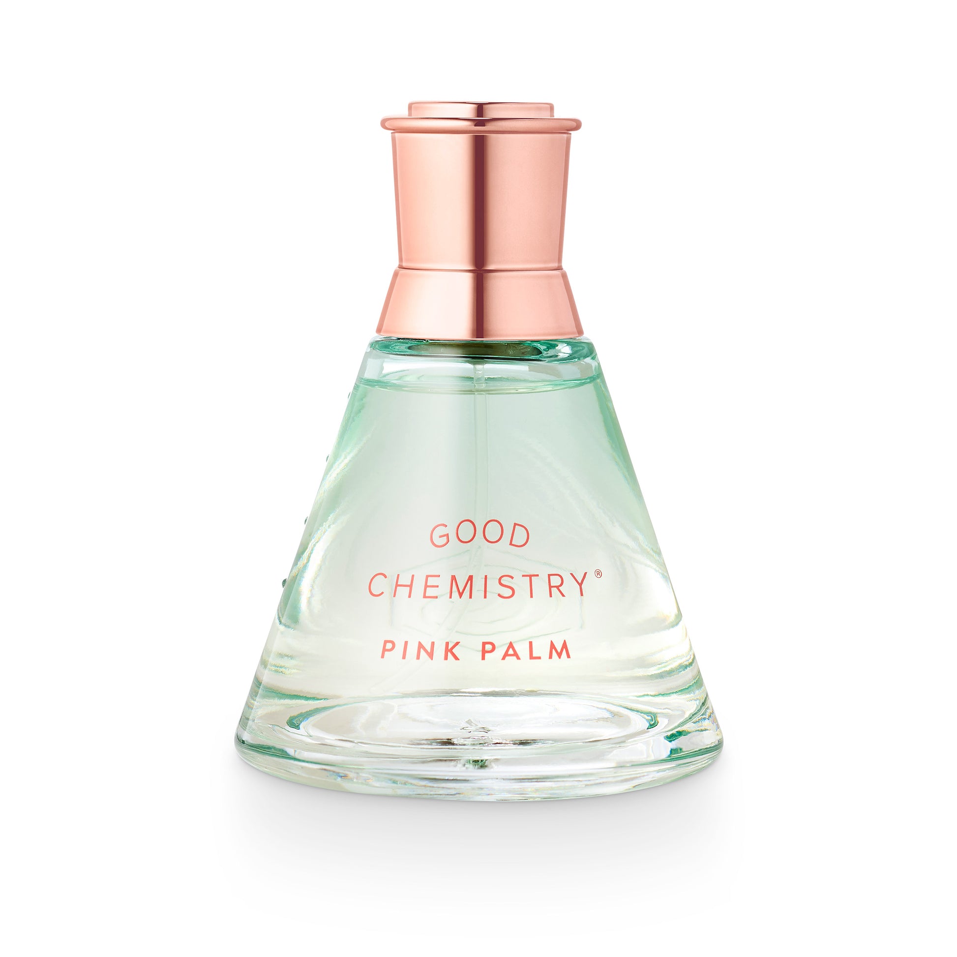 Perfume bottle labeled 'Good Chemistry Pink Palm' with a rose gold cap on a white background
