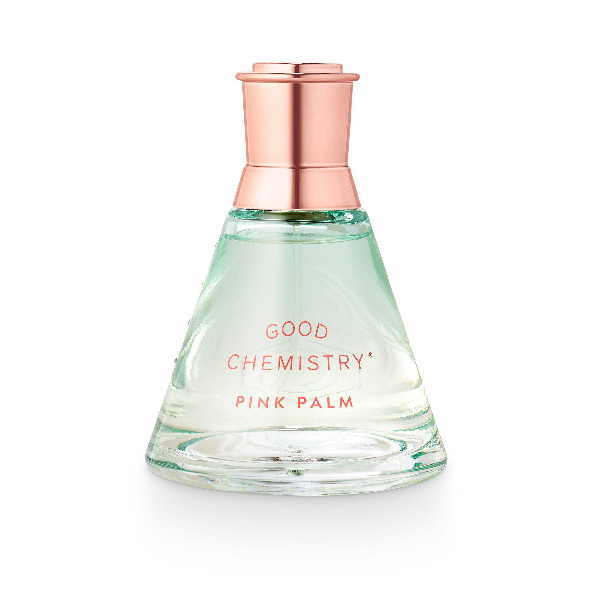 Perfume bottle labeled 'Good Chemistry Pink Palm' with a rose gold cap on a white background