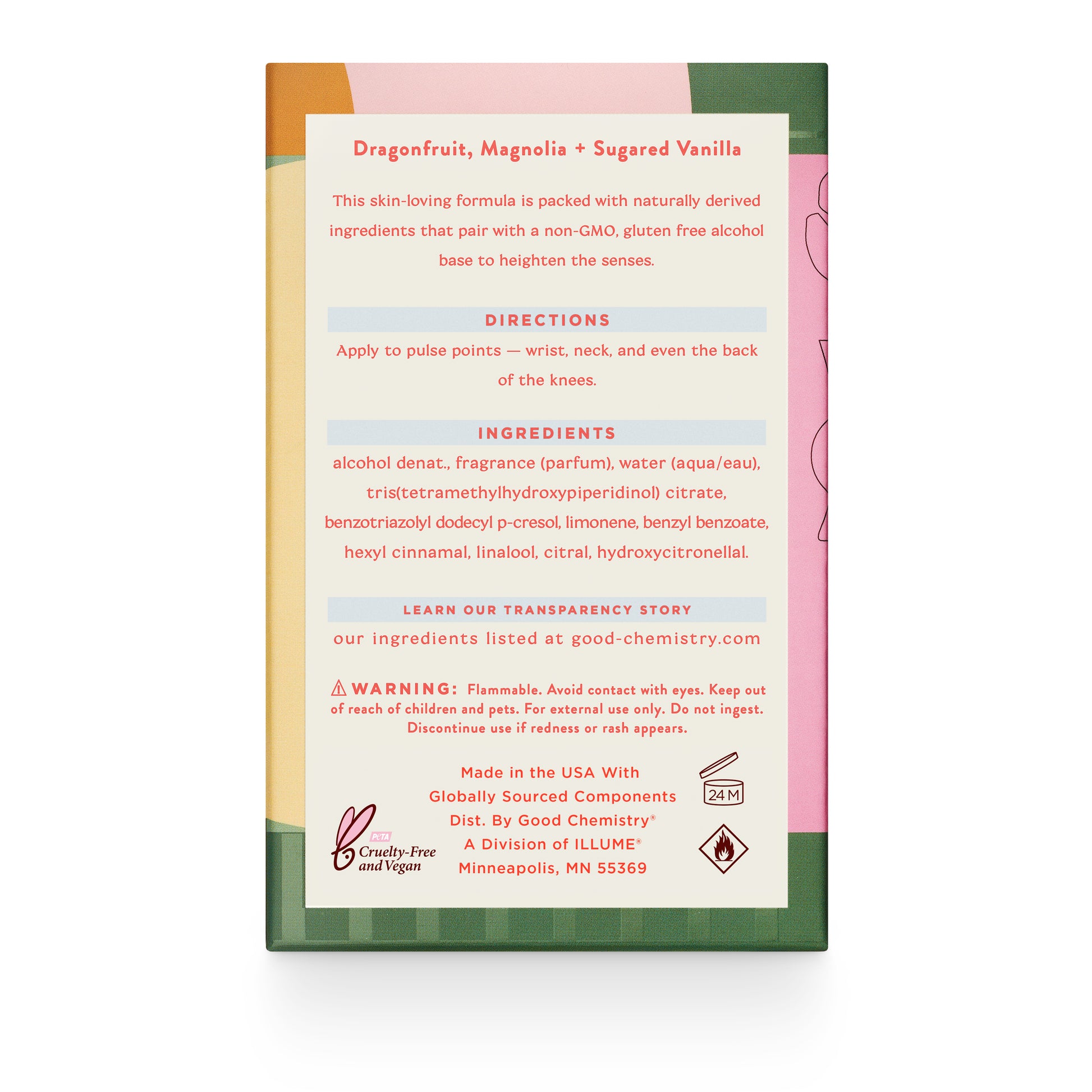 Product packaging with text and ingredient list on a white background