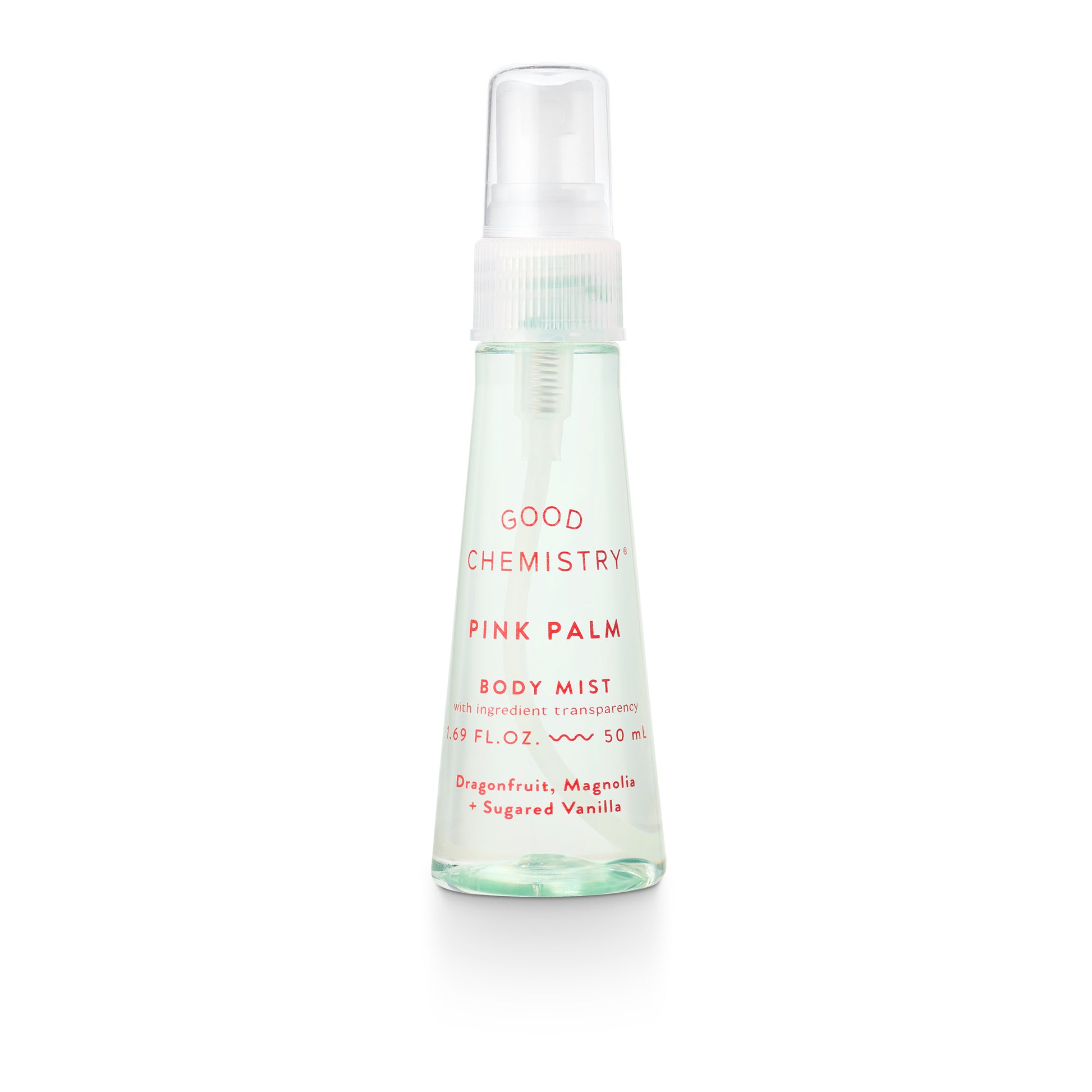 Good Chemistry Pink Palm body mist bottle on a white background
