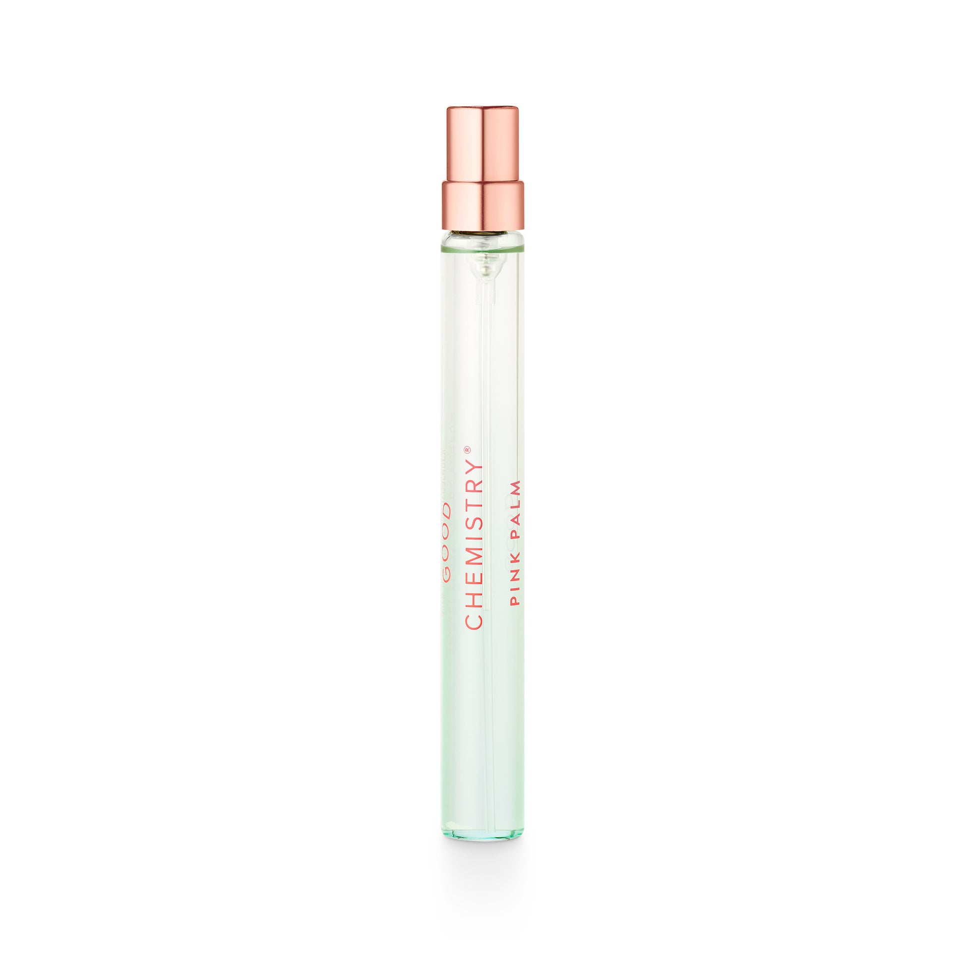 Perfume bottle with rose gold cap on a white background