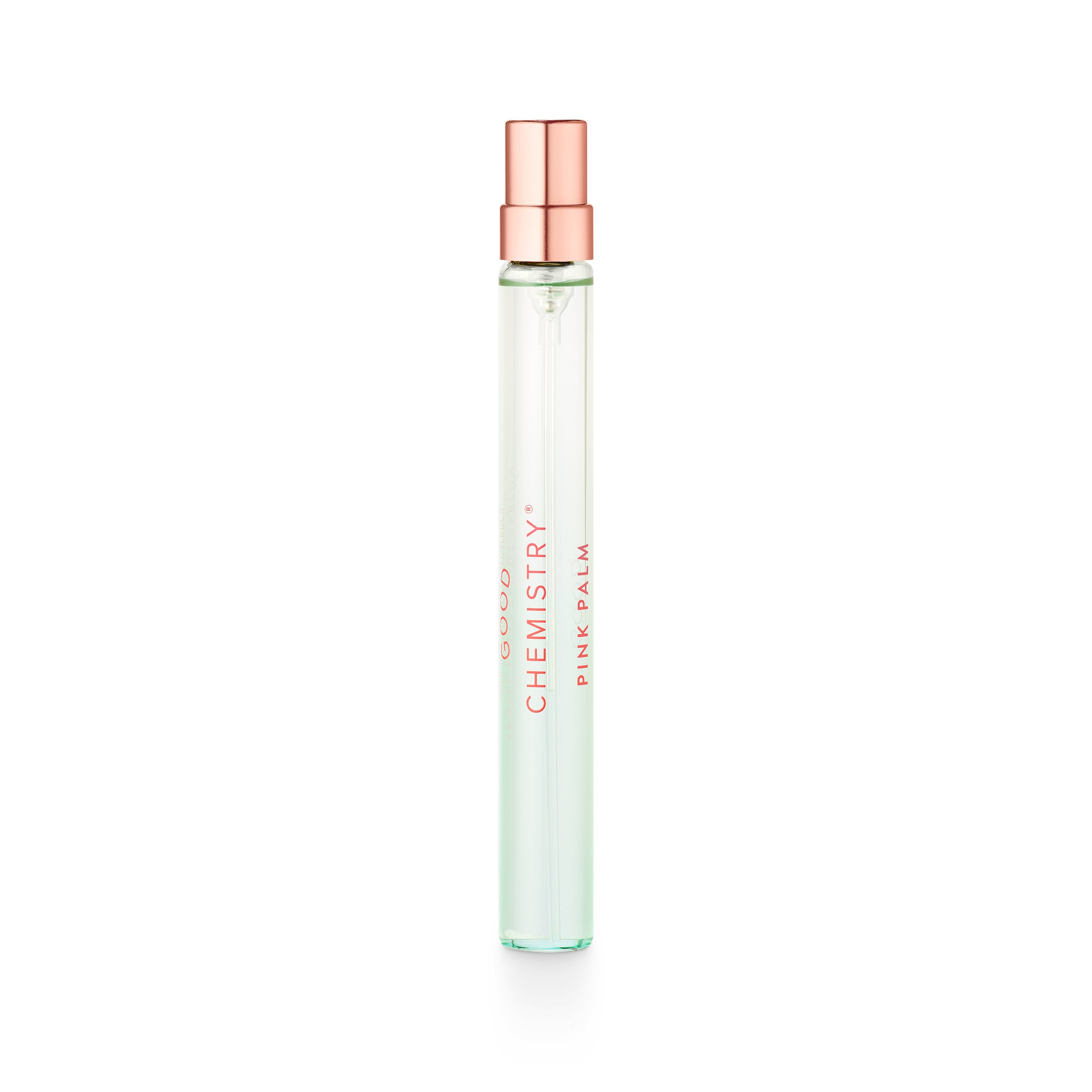 Perfume bottle with rose gold cap on a white background