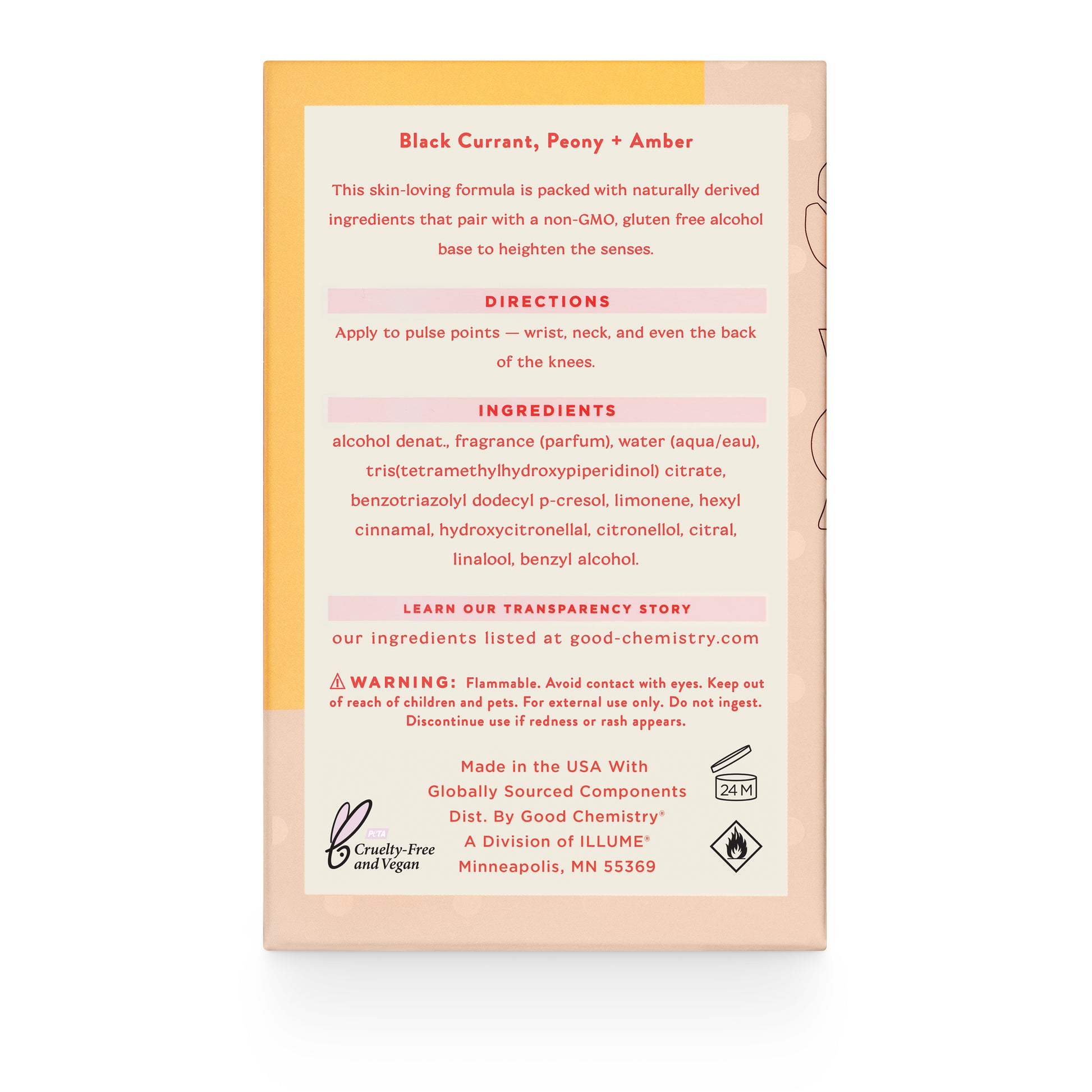 Queen Bee Perfume and Body Mist Direction and Ingredient Panel