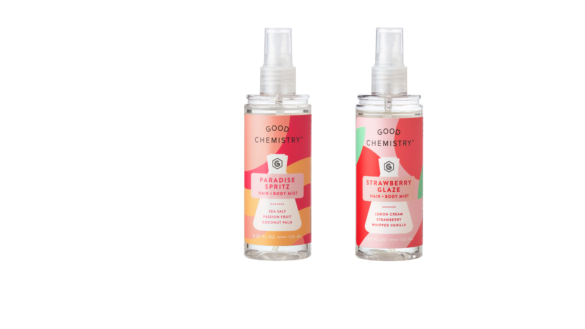 Two bottles of body with red labels reading ,'Paradise Spritz' and 'Strawberry Glaze'  on a white background