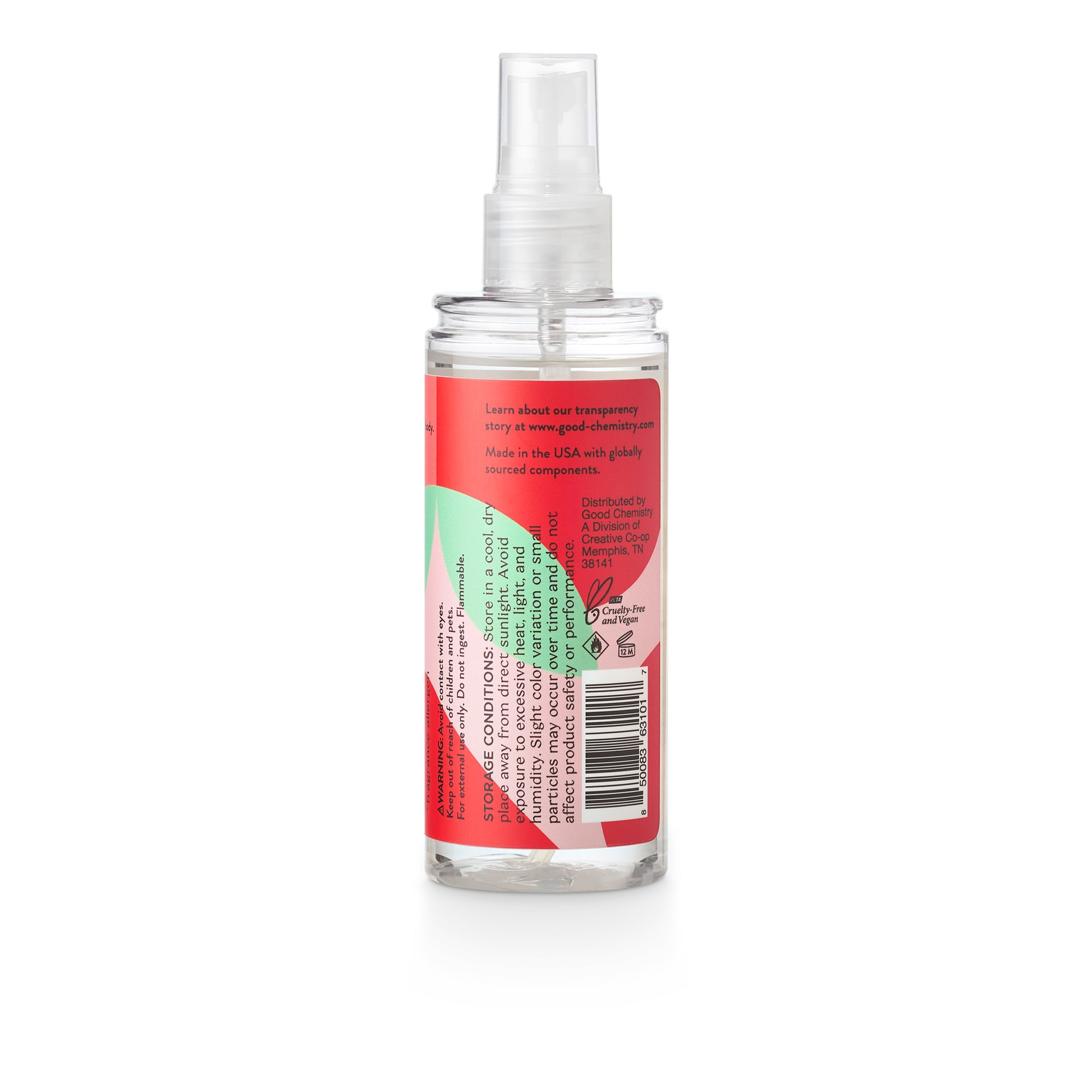 Good Chemistry Strawberry Glaze spray bottle back  with storage conditions with a red label on a white background