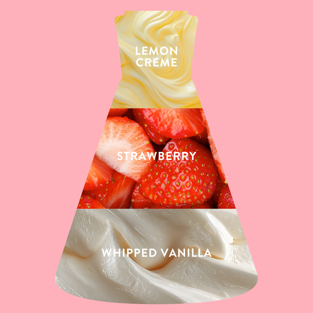 Strawberry glaze ingredient beaker with lemon crème, strawberry, and whipped vanilla flavors on a pink background.