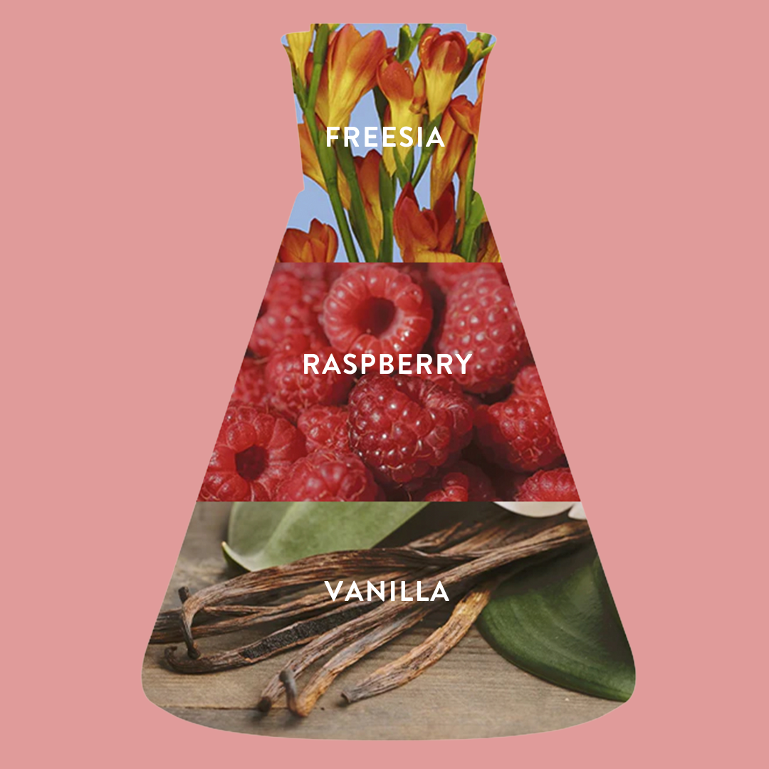 Fragrance ingredient beaker for sugar berry scent featuring freesia, raspberry and vanilla