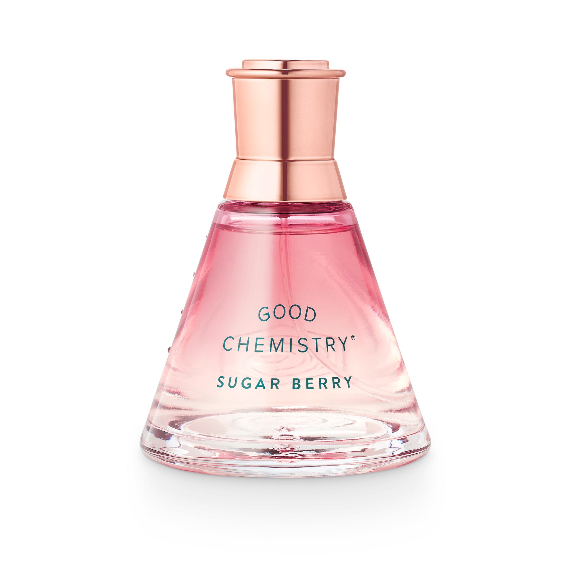 Perfume bottle labeled 'Good Chemistry Sugar Berry' with a rose gold cap on a white background
