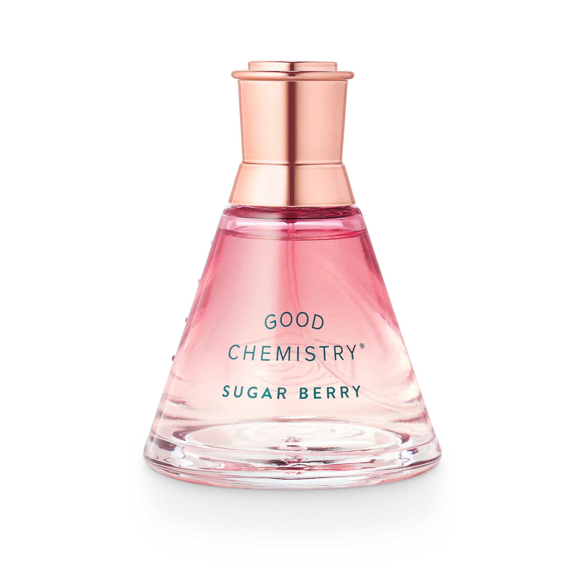 Perfume bottle labeled 'Good Chemistry Sugar Berry' with a rose gold cap on a white background