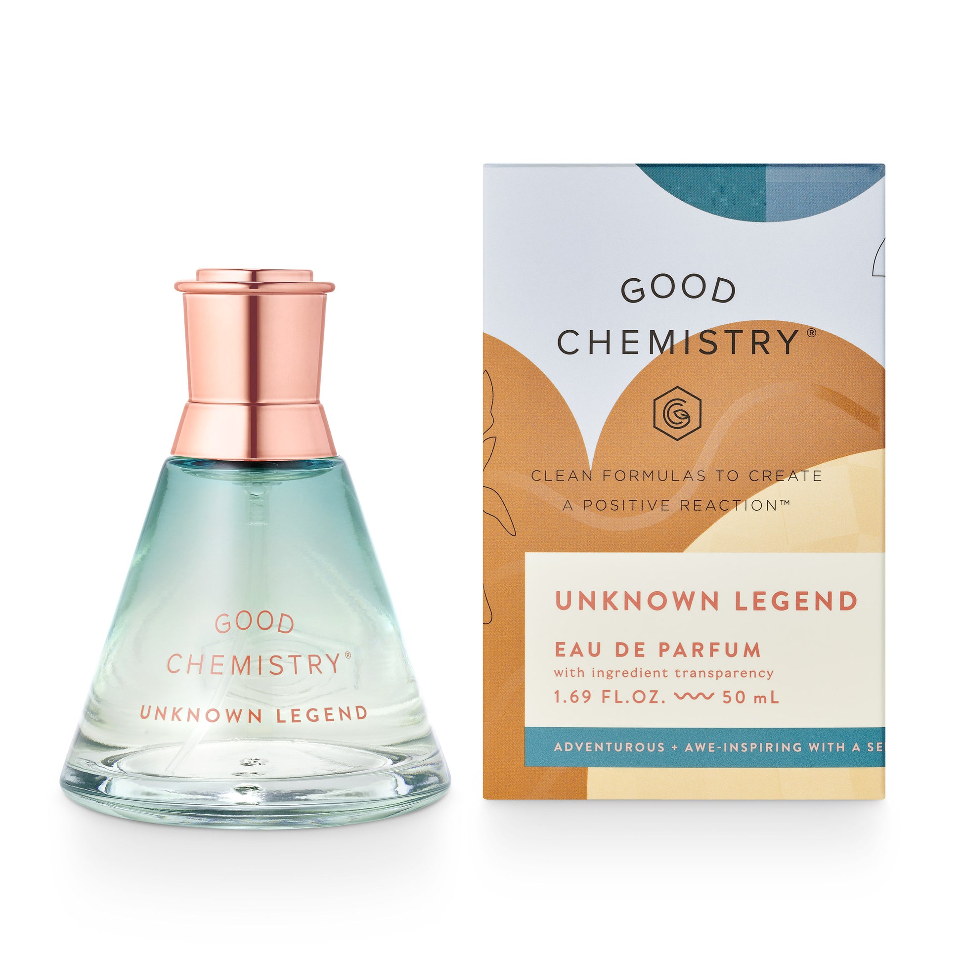 A bottle of Good Chemistry Unknown Legend Eau de Parfum with the name 'Unknown Legend' next to its packaging box featuring similar color and design themes.