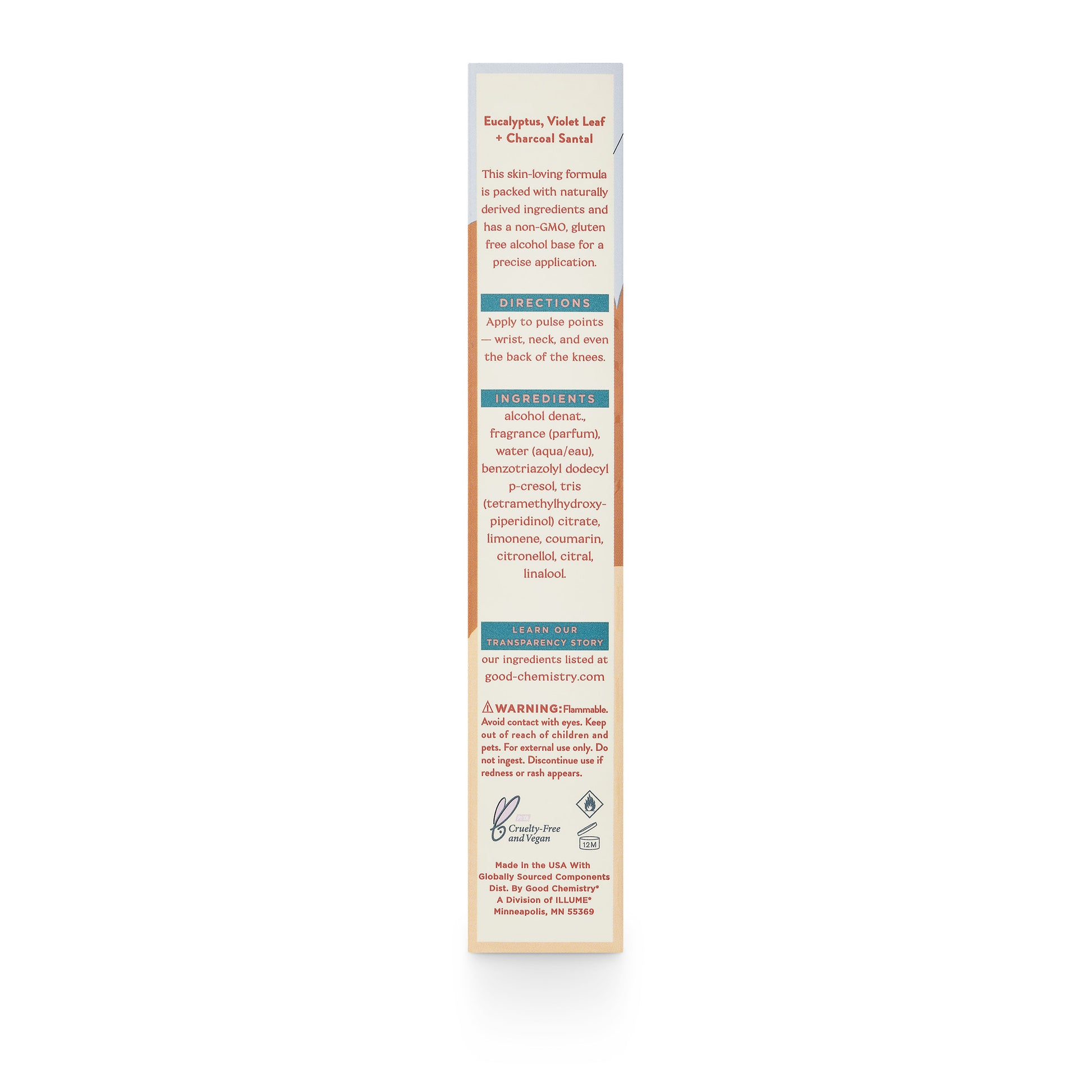 Unknown Legend travel spray ingredient direction panel on a white background