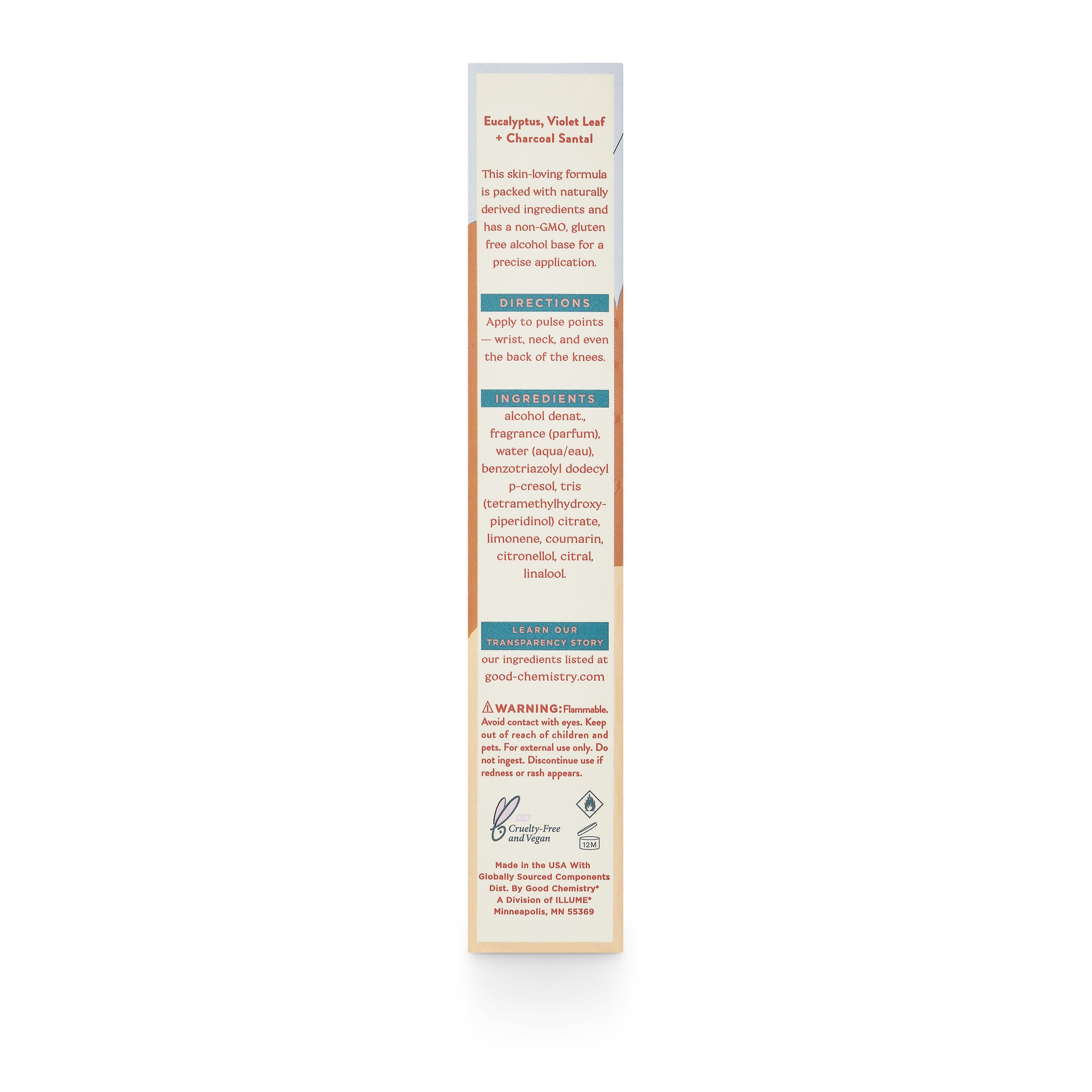 Unknown Legend travel spray ingredient direction panel on a white background