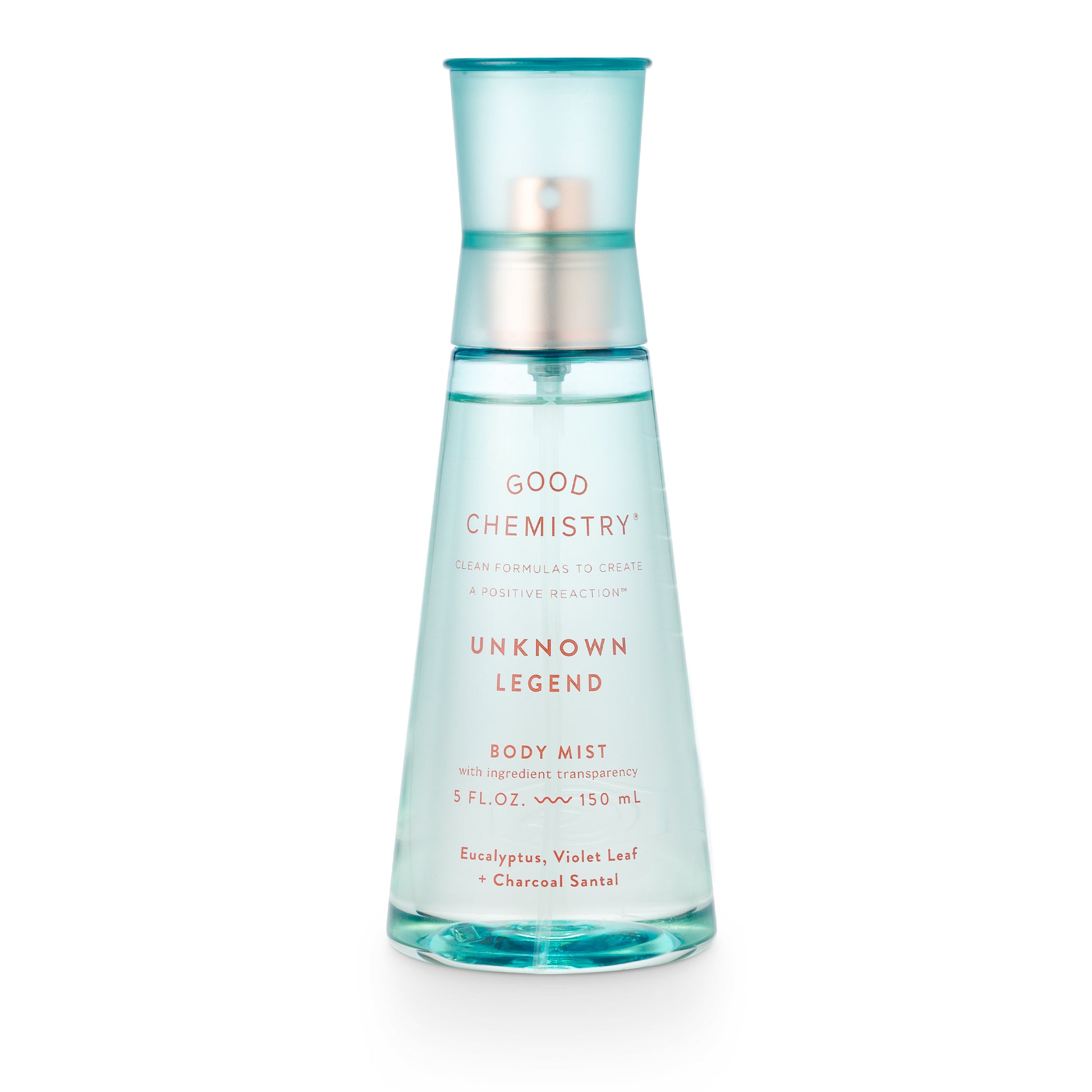 A clear spray bottle labeled 'GOOD CHEMISTRY UNKNOWN LEGEND BODY MIST' with a blue cap and translucent blue liquid visible inside.