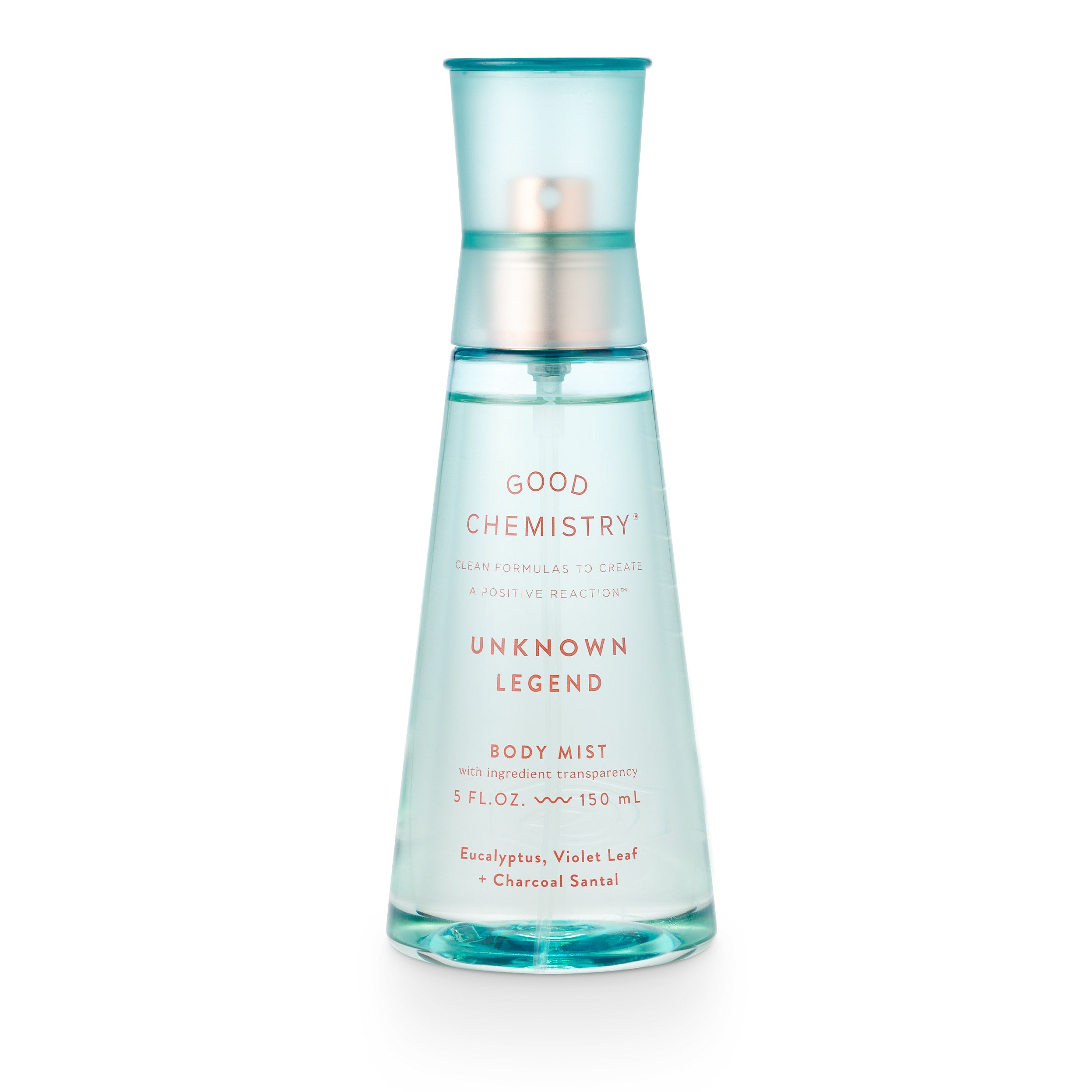 A clear spray bottle labeled 'GOOD CHEMISTRY UNKNOWN LEGEND BODY MIST' with a blue cap and translucent blue liquid visible inside.